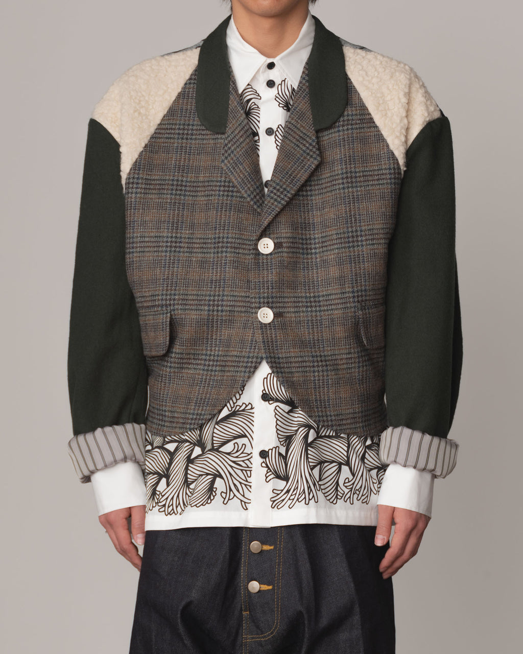Jacket 1- Wool100% Mix Moss Green- Shoulder Boa/Linen100% Rug Back Print- Black