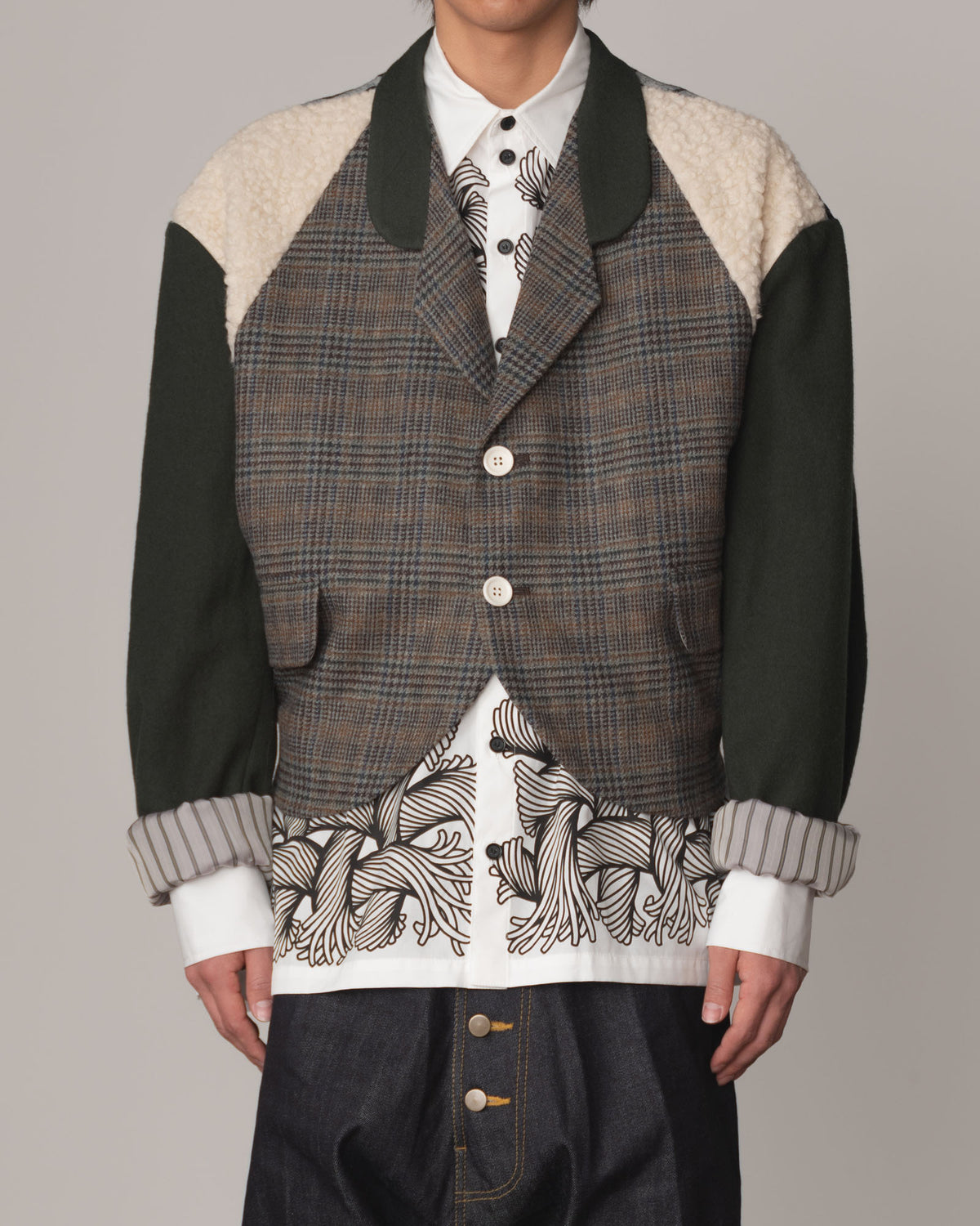 Jacket 1- Wool100% Mix Moss Green- Shoulder Boa/Linen100% Rug Back Print- Black