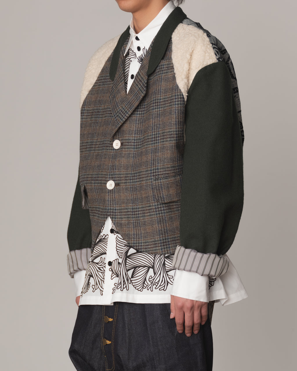 Jacket 1- Wool100% Mix Moss Green- Shoulder Boa/Linen100% Rug Back Print- Black