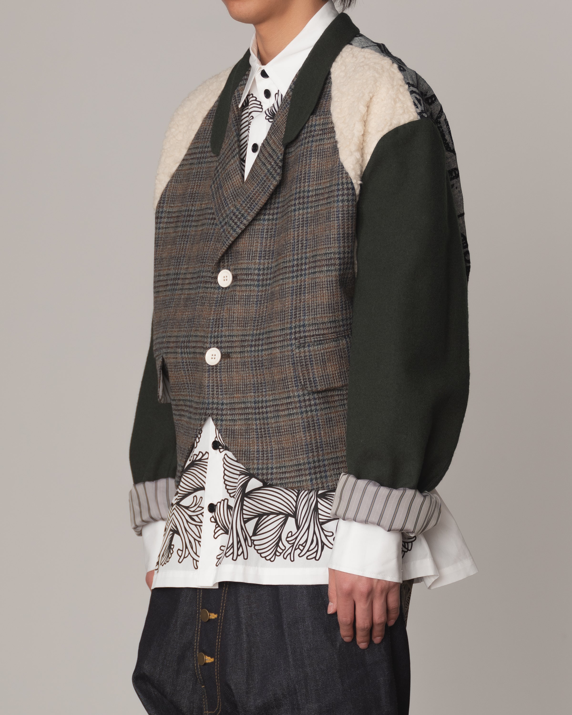 Jacket 1- Wool100% Mix Moss Green- Shoulder Boa/Linen100% Rug Back Print- Black