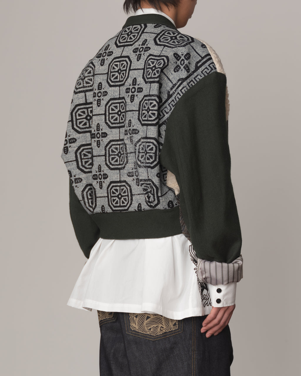 Jacket 1- Wool100% Mix Moss Green- Shoulder Boa/Linen100% Rug Back Print- Black