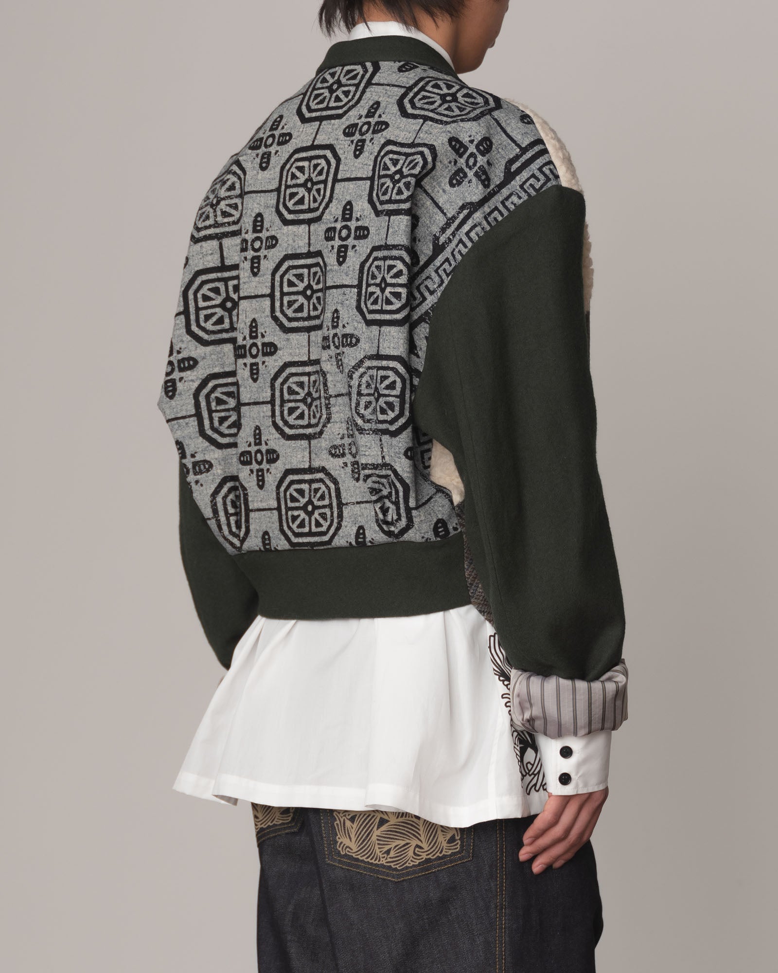 Jacket 1- Wool100% Mix Moss Green- Shoulder Boa/Linen100% Rug Back Print- Black