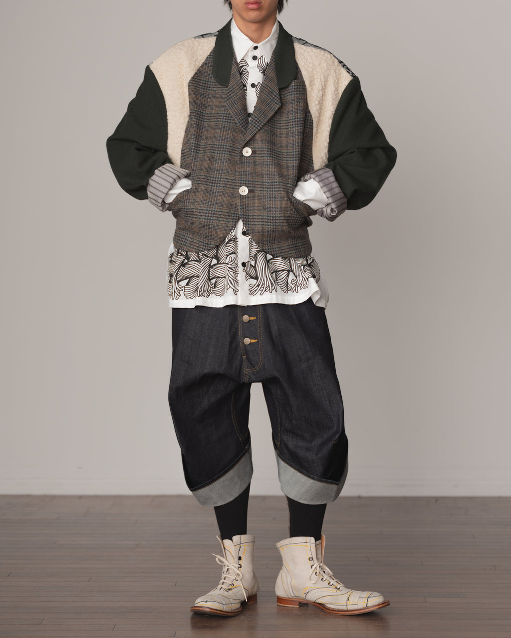 Jacket 1- Wool100% Mix Moss Green- Shoulder Boa/Linen100% Rug Back Print- Black