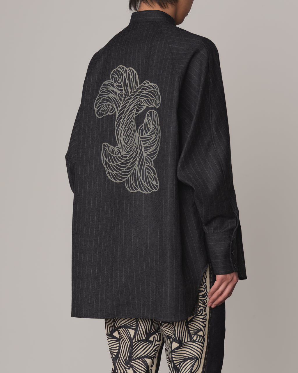 Shirt 988R- Wool100% Pin Stripe- Lilly Print- Charcoal