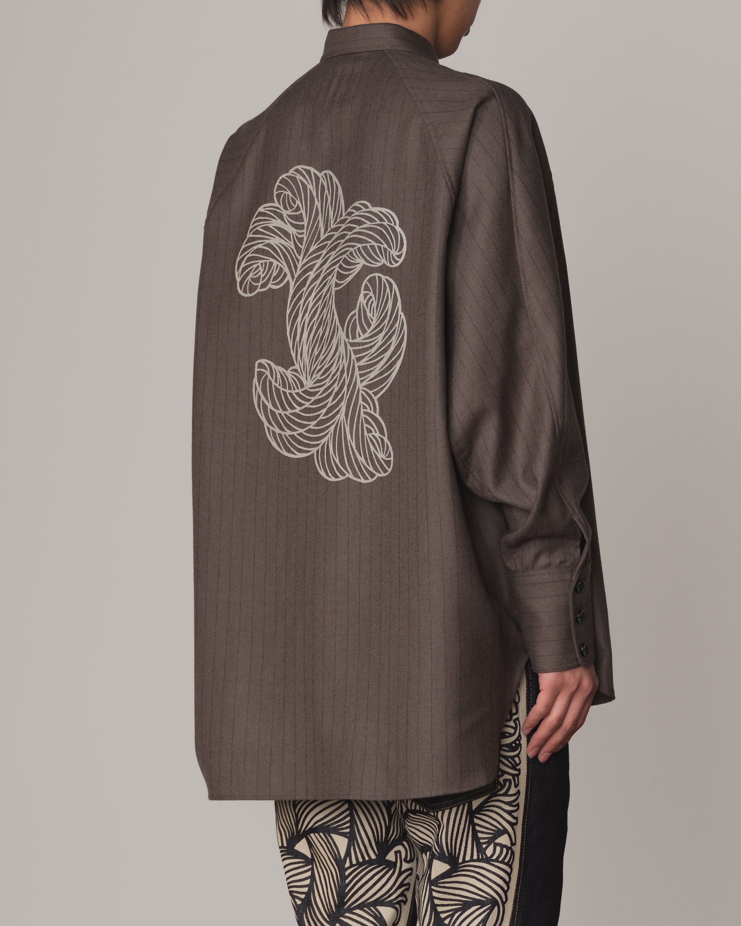 Shirt 988R- Wool100% Pin Stripe- Lilly Print- Khaki