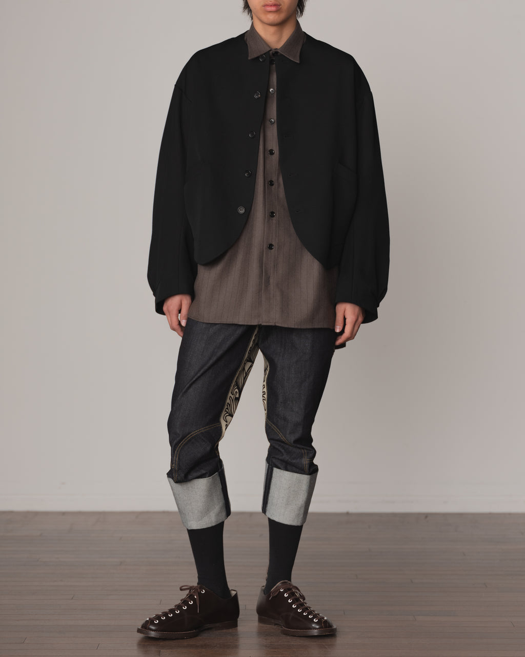 Shirt 988R- Wool100% Pin Stripe- Lilly Print- Khaki