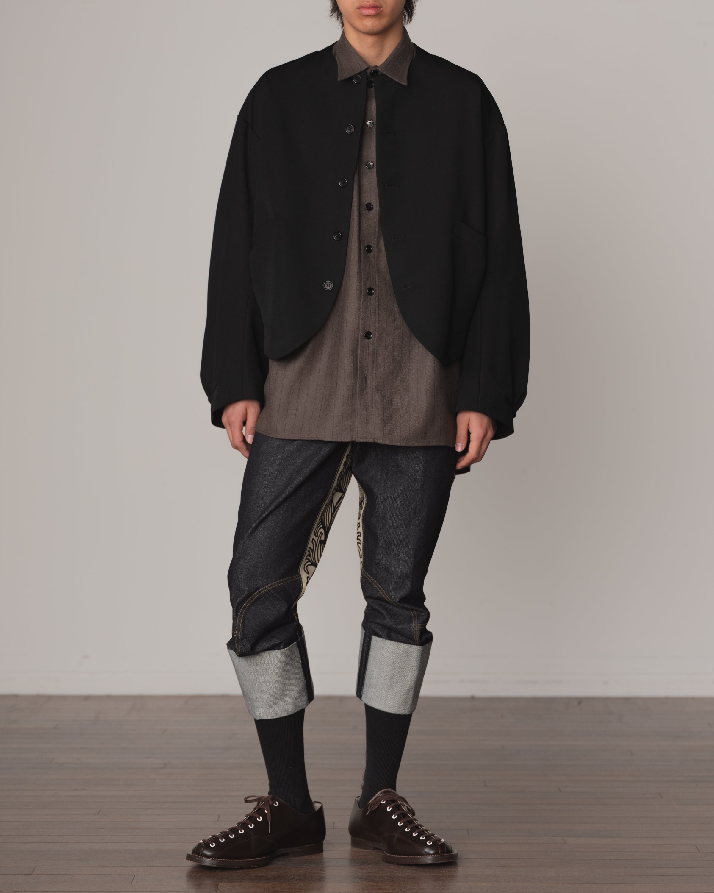 Shirt 988R- Wool100% Pin Stripe- Lilly Print- Khaki