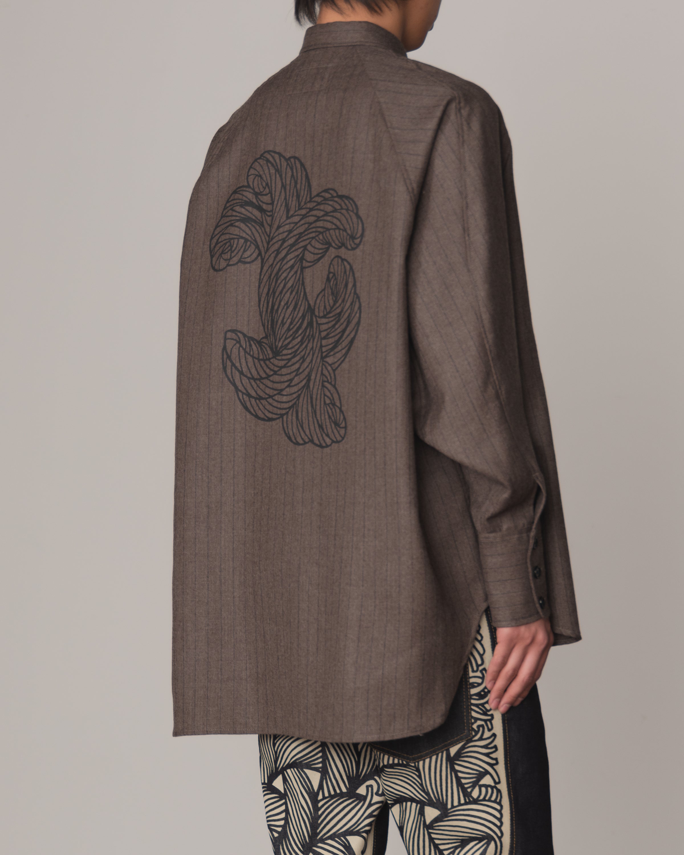 Shirt 988R- Wool100% Pin Stripe- Lilly Print- Dark Beige