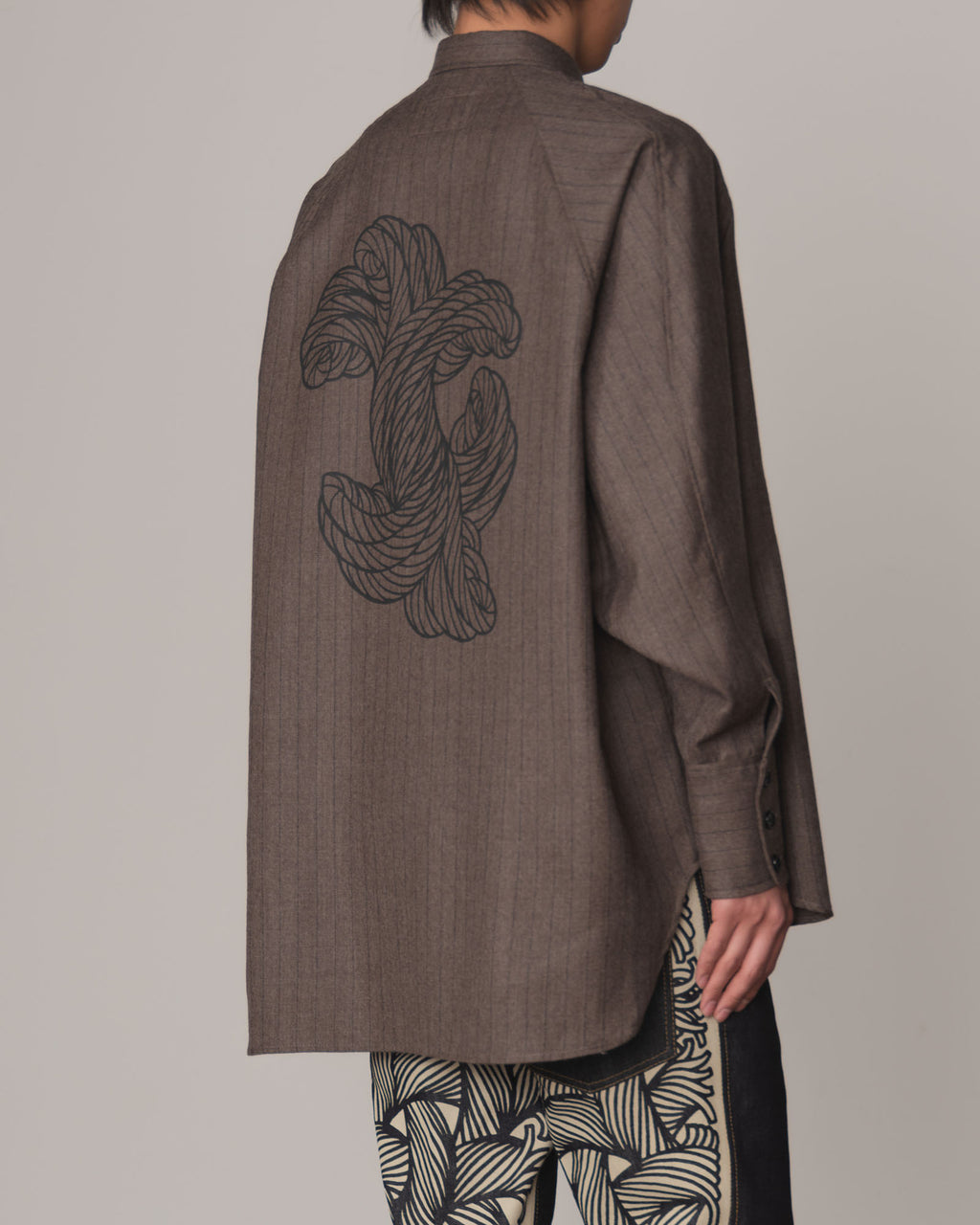 Shirt 988R- Wool100% Pin Stripe- Lilly Print- Dark Beige