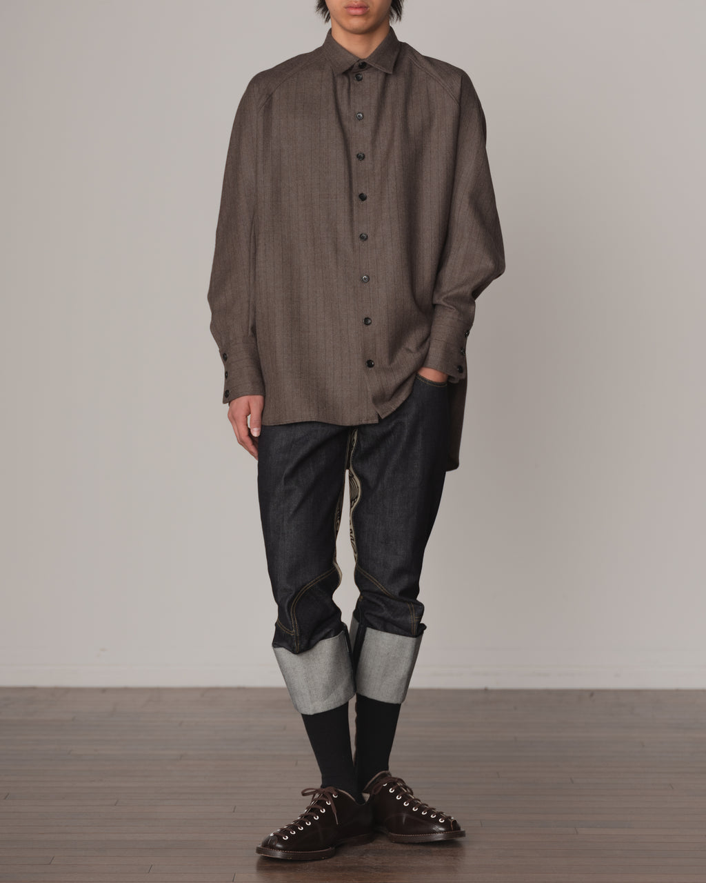 Shirt 988R- Wool100% Pin Stripe- Lilly Print- Dark Beige