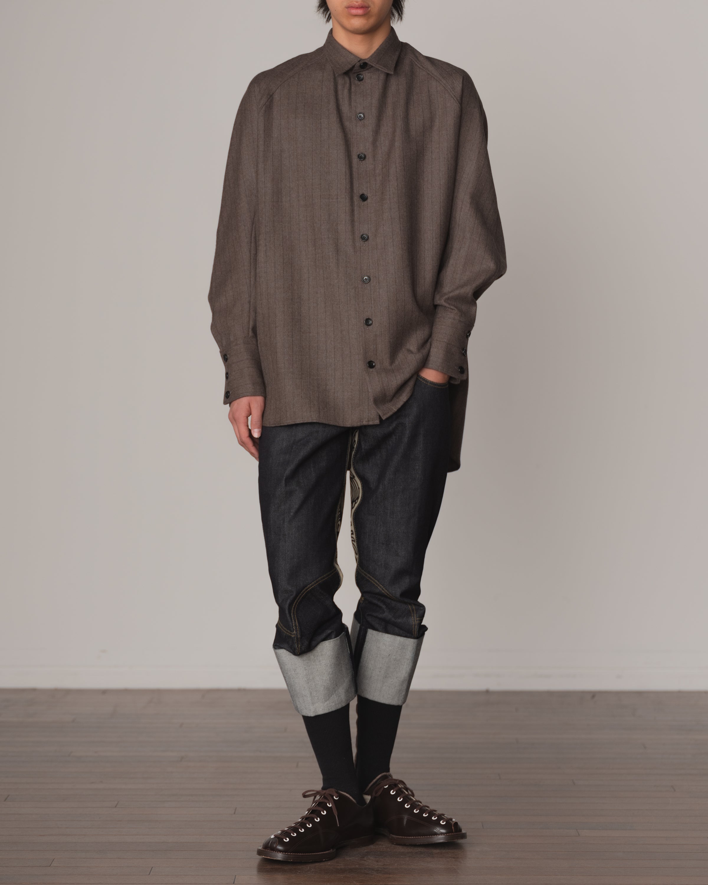 Shirt 988R- Wool100% Pin Stripe- Lilly Print- Dark Beige