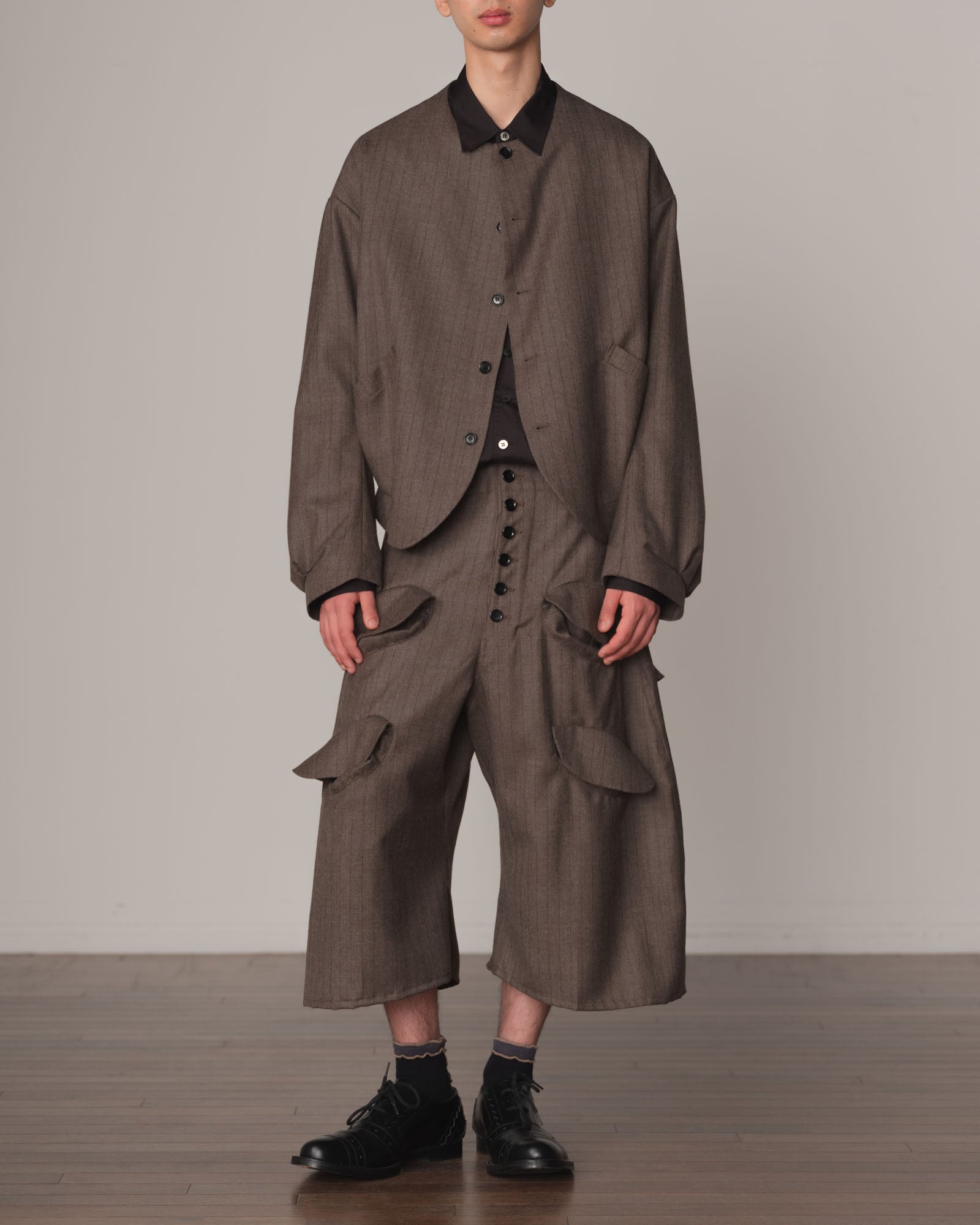 Trousers 87- Wool100% Pin Stripe- Dark Beige
