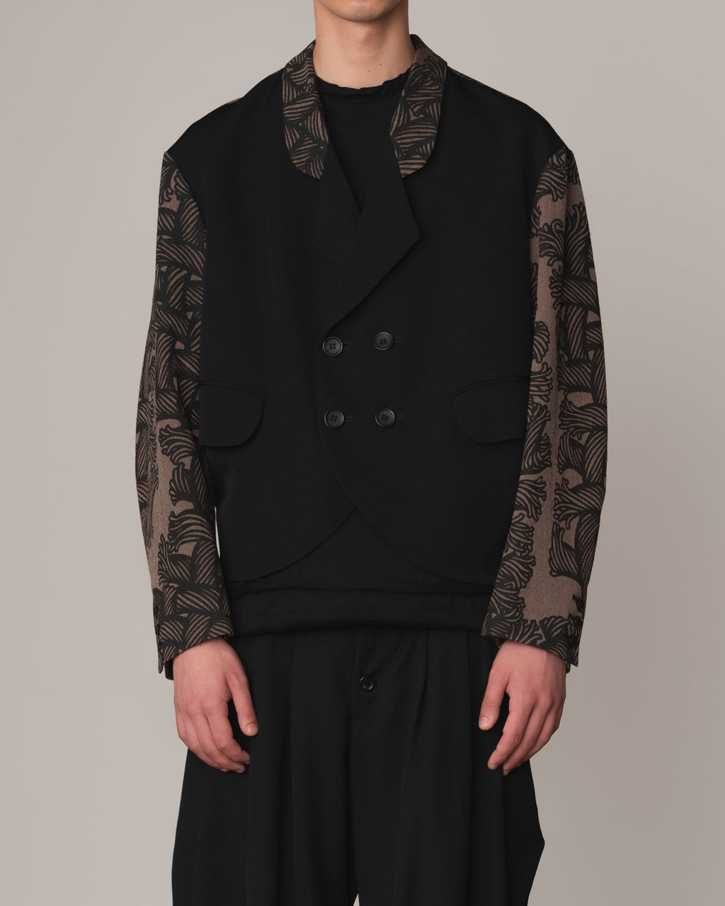 Jacket 2832- Wool100% GabardineHerringbone Mix- Isle Rope Print- Black/Brown