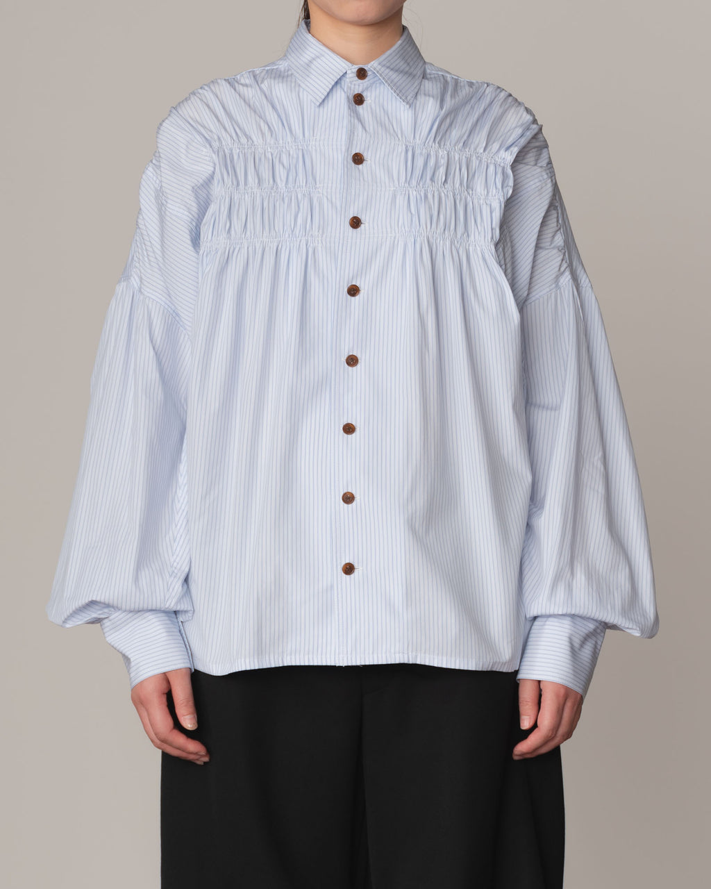 Shirt 87C- Cotton100% Broad Stripe- Gather Stitch- Sky Blue