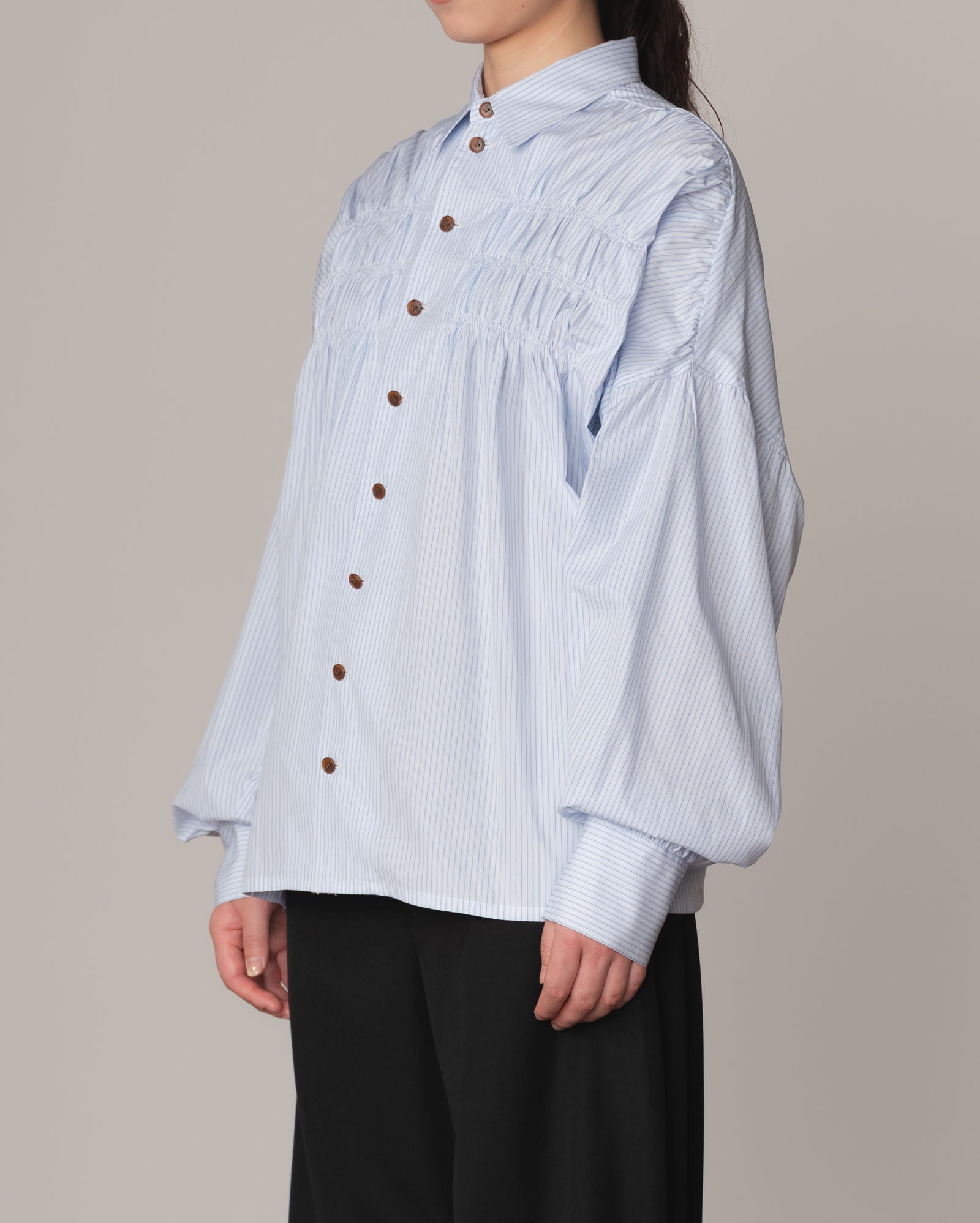 Shirt 87C- Cotton100% Broad Stripe- Gather Stitch- Sky Blue