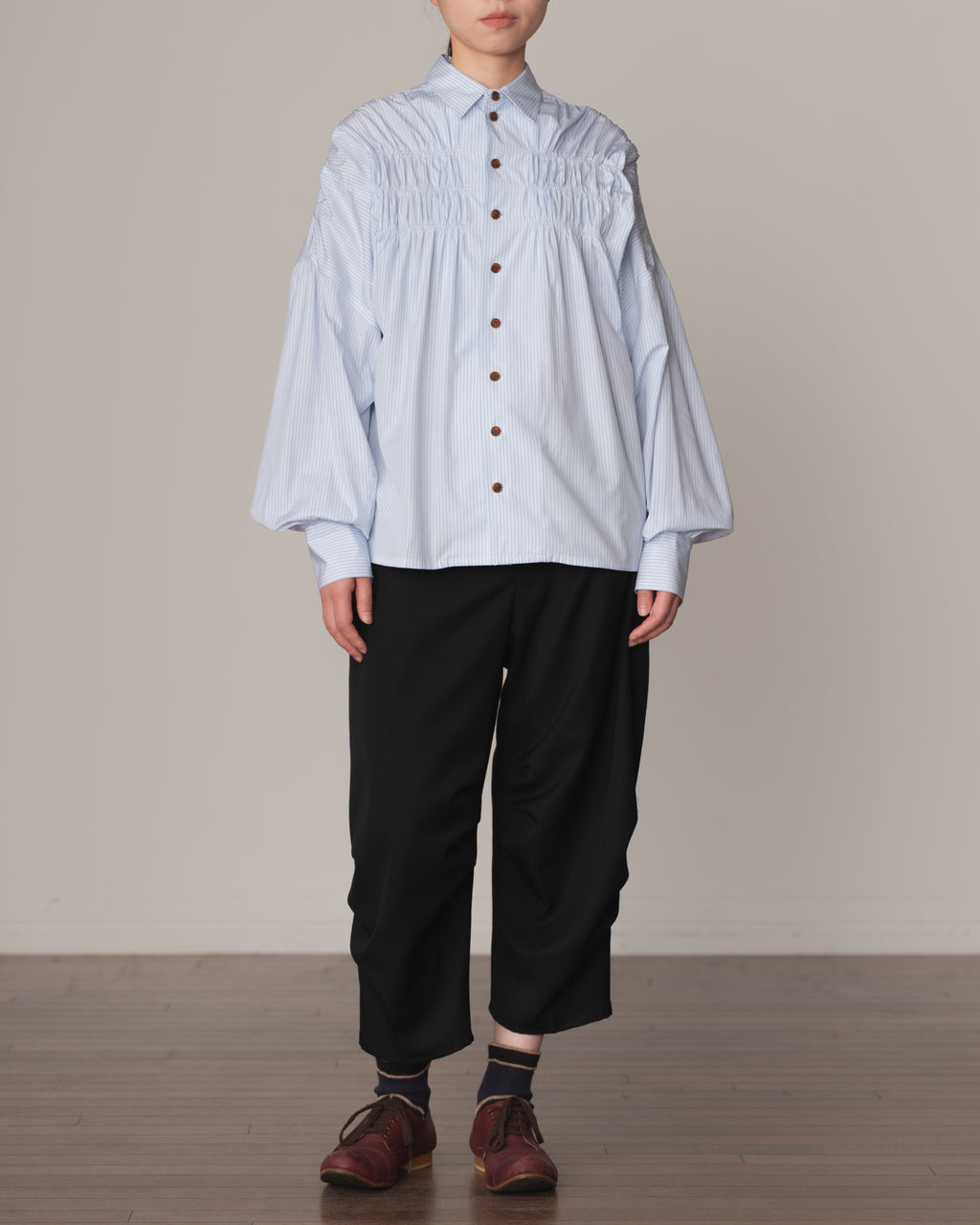 Shirt 87C- Cotton100% Broad Stripe- Gather Stitch- Sky Blue