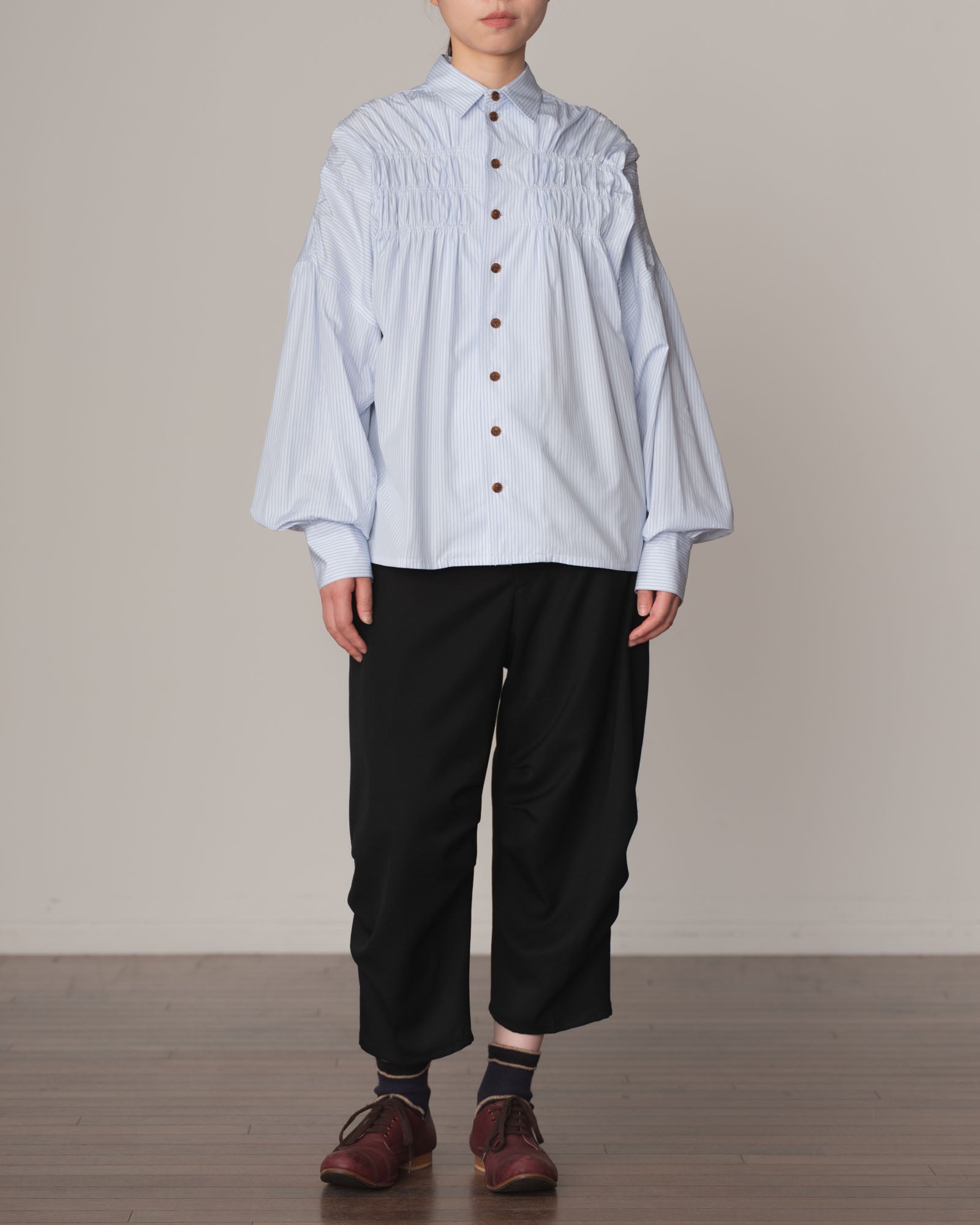 Shirt 87C- Cotton100% Broad Stripe- Gather Stitch- Sky Blue