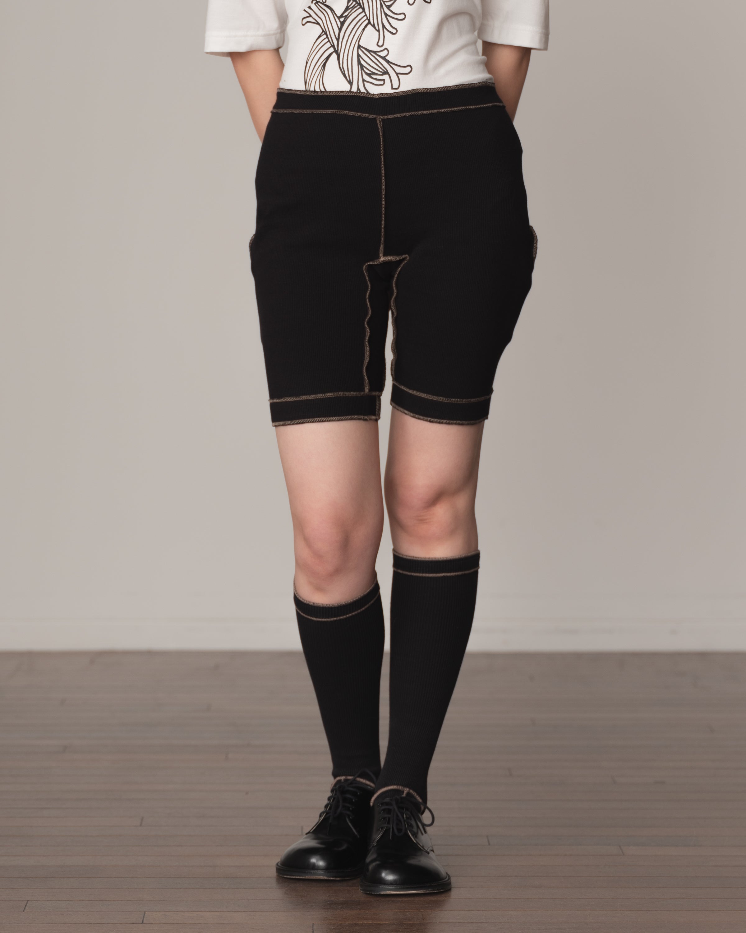 Trousers 84C Short- Cotton100% Span- Beige Stitch- Black