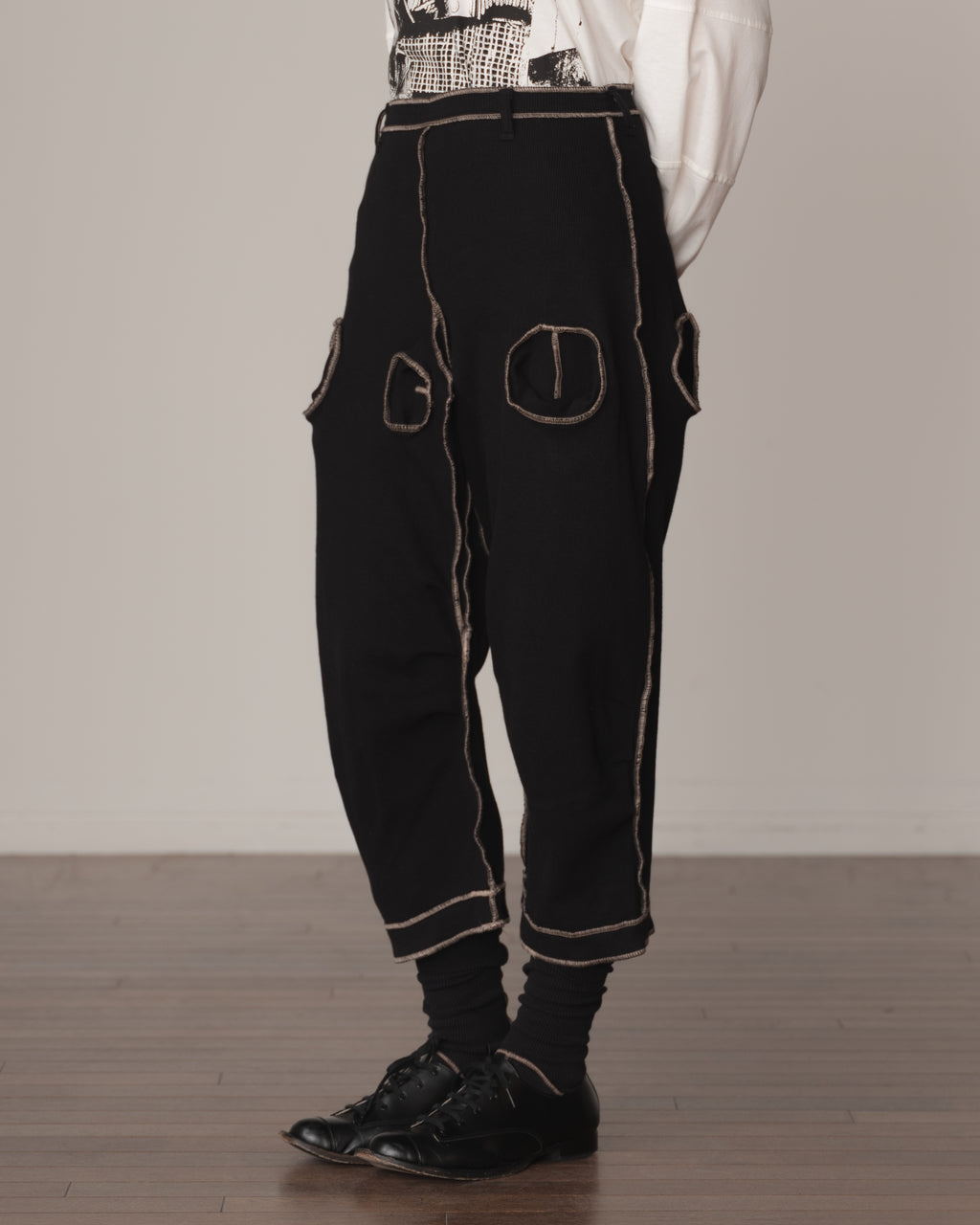 Trousers 102 Long- Cotton100% Span- Beige Stitch- Black