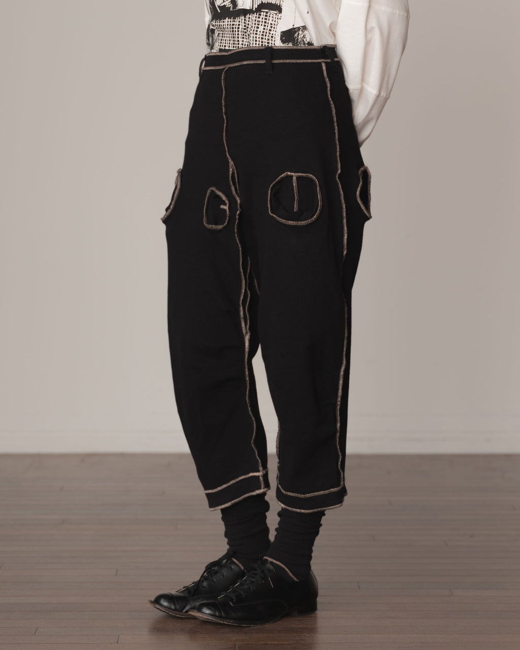 Trousers 102 Long- Cotton100% Span- Beige Stitch- Black