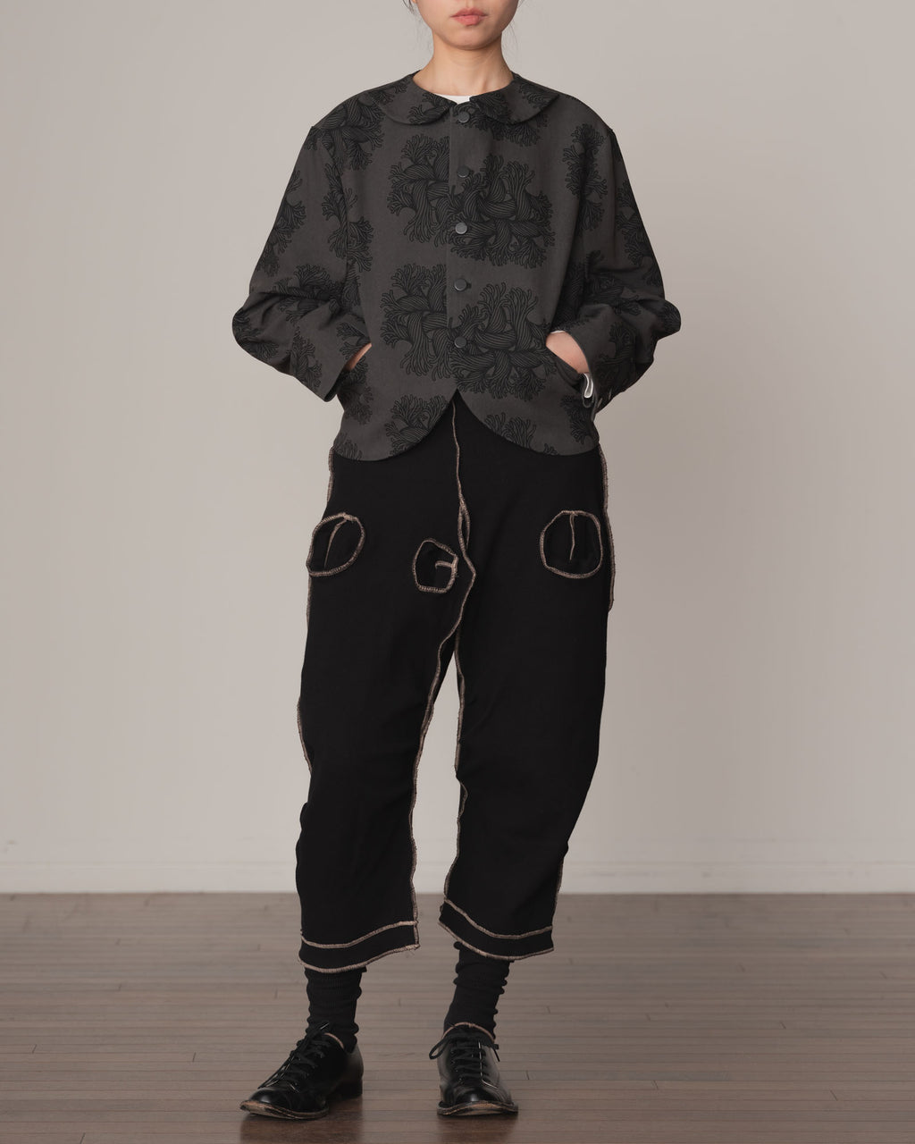 Trousers 102 Long- Cotton100% Span- Beige Stitch- Black