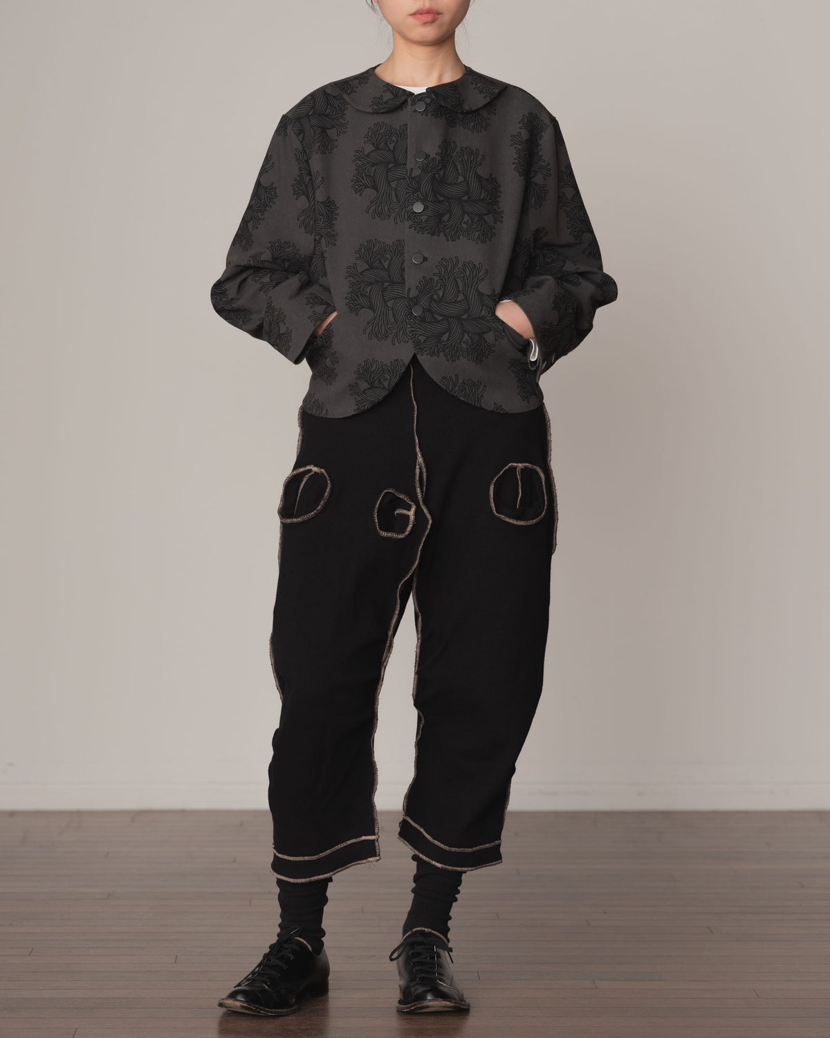 Trousers 102 Long- Cotton100% Span- Beige Stitch- Black