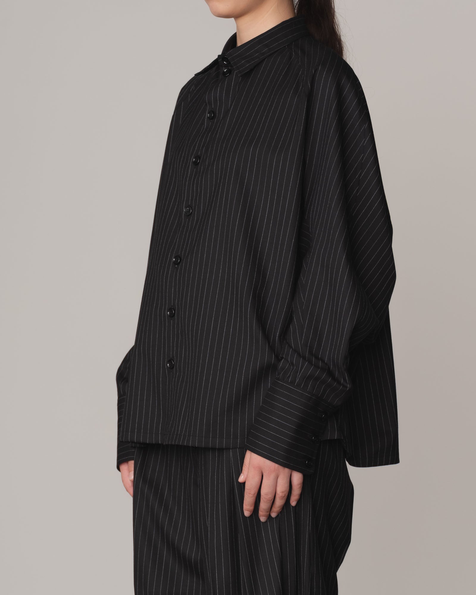 Shirt 988- Summer Wool100% Pin Stripe- Embroidery Rope 2 Print- Black
