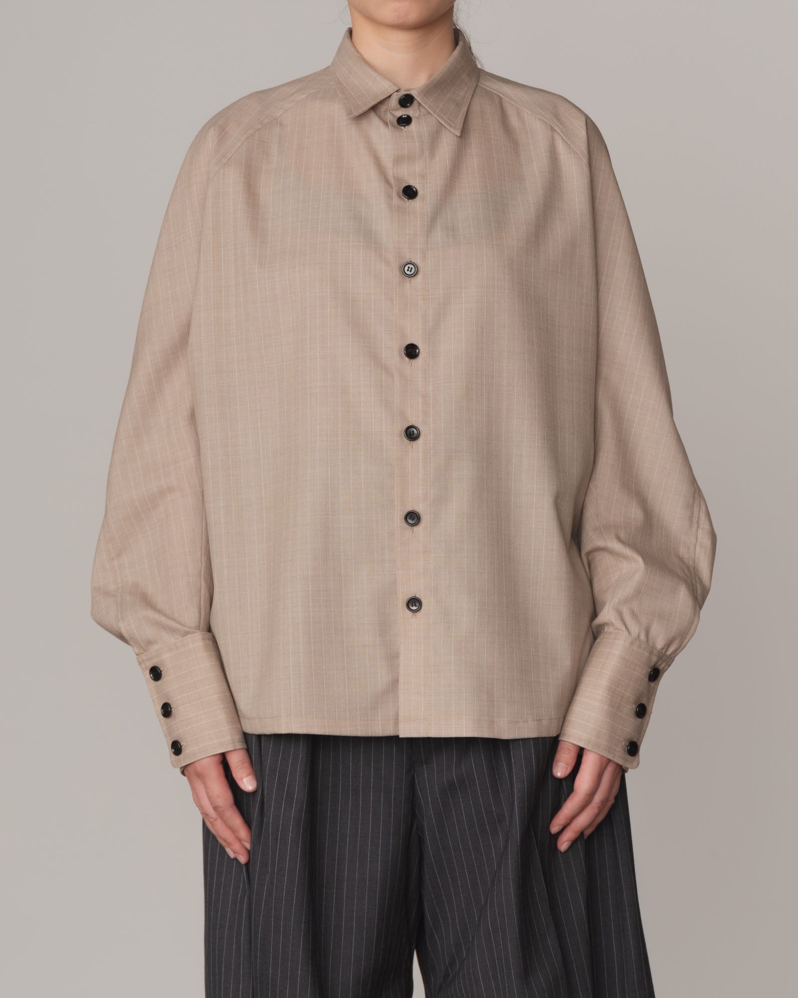 Shirt 988- Summer Wool100% Pin Stripe- Embroidery Rope 2 Print- Beige
