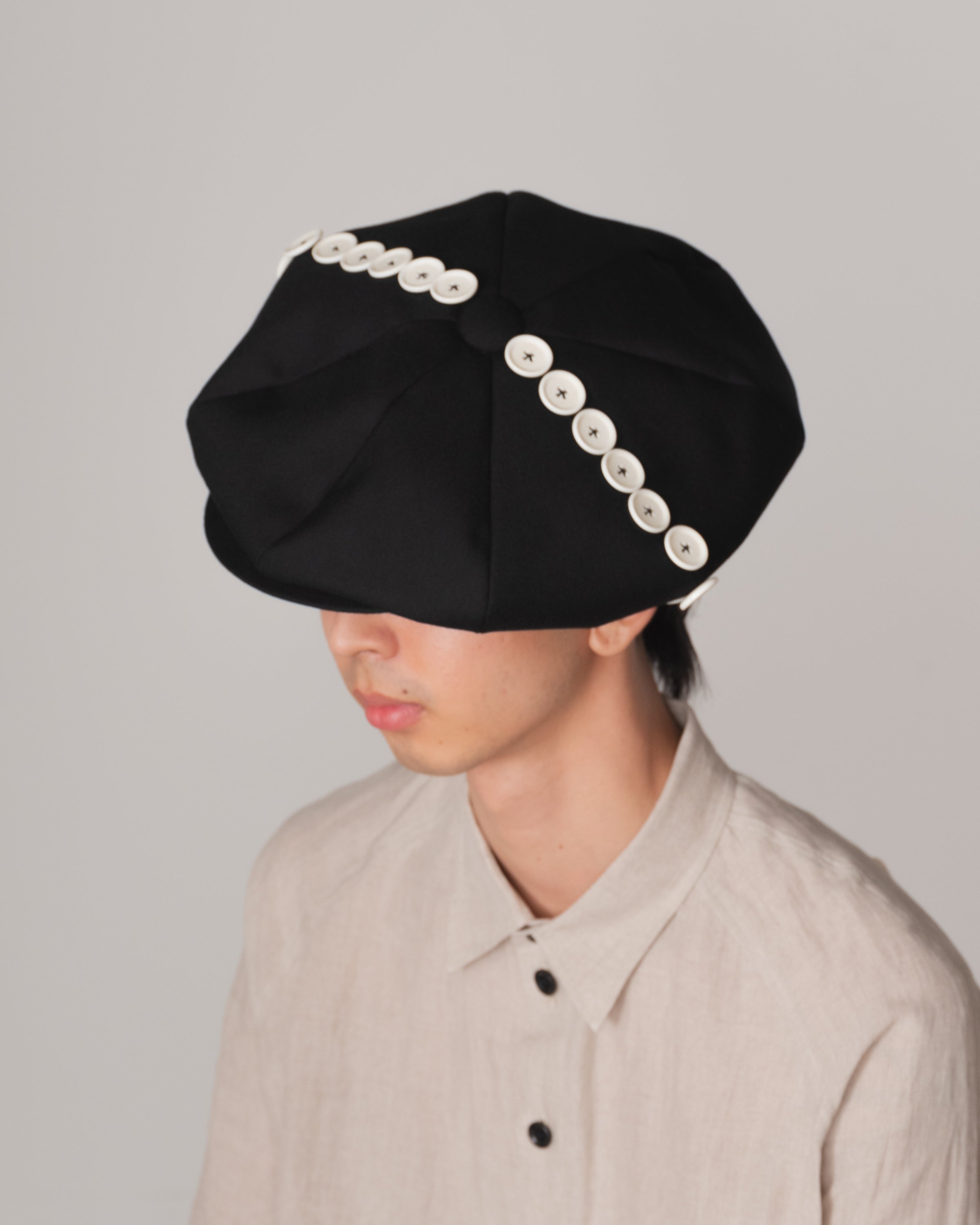 Hat Cap- Wool100% Army Serge- White Side Line Buttons- Black