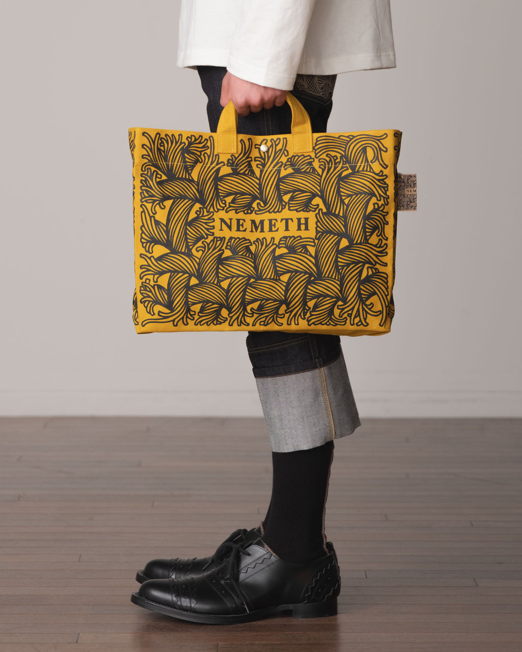 Logo Bag- Cotton100% Canvas- Black Logo Print- Yellow