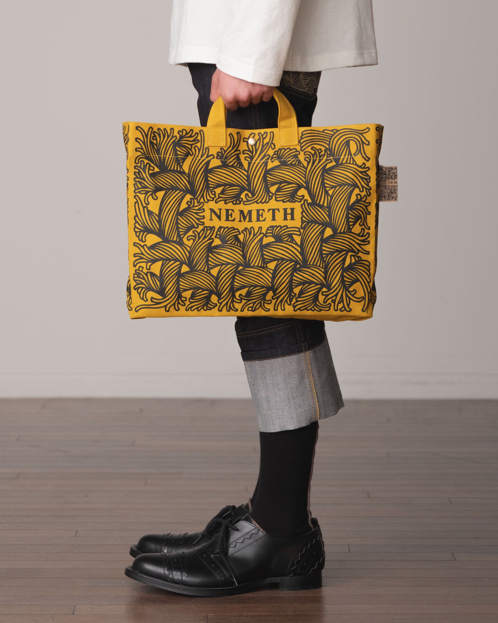 Logo Bag- Cotton100% Canvas- Black Logo Print- Yellow