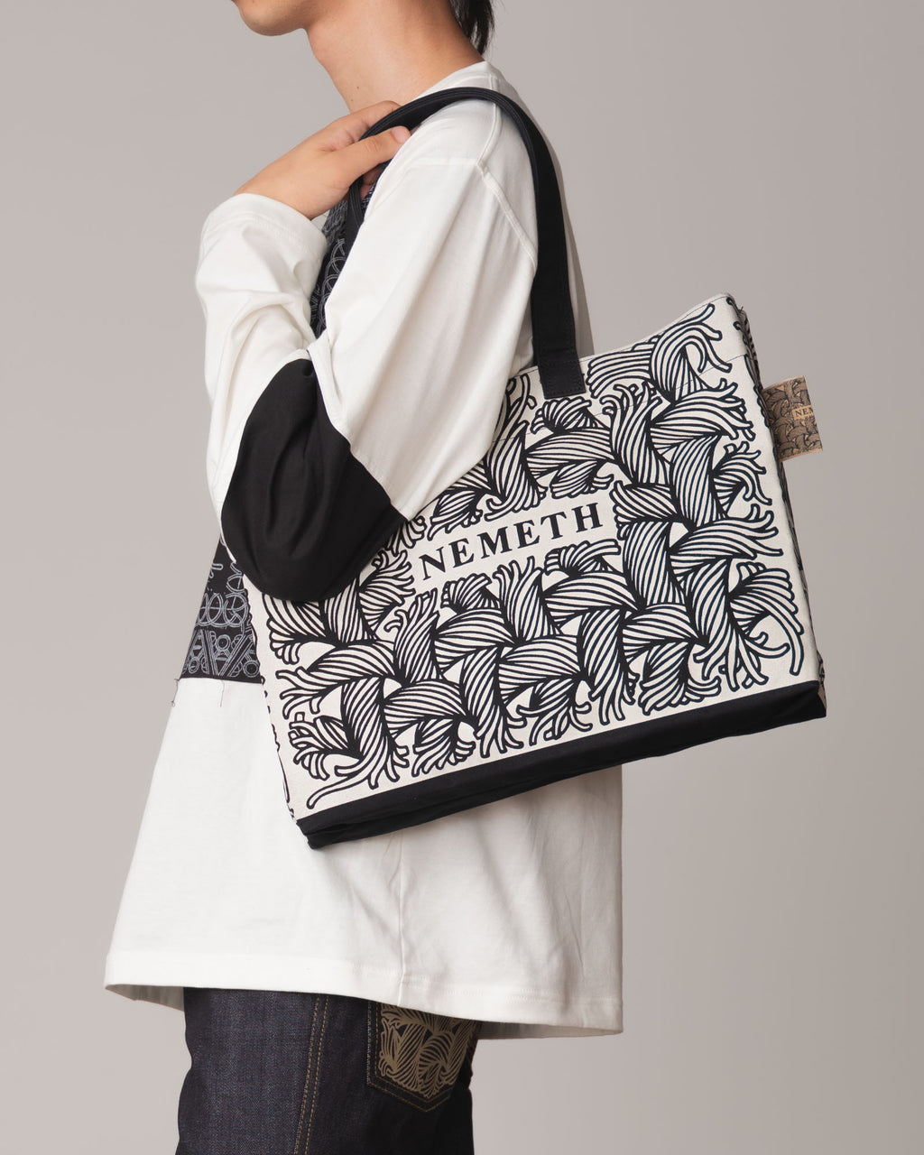 Logo Bag Long Strap- Cotton100% Canvas- Ivory Negative Logo Print- Black