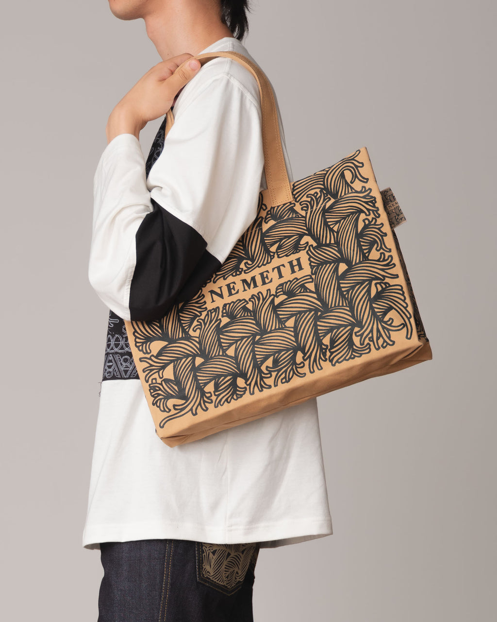 Logo Bag Long Strap- Cotton100% Canvas- Black Logo Print- Beige