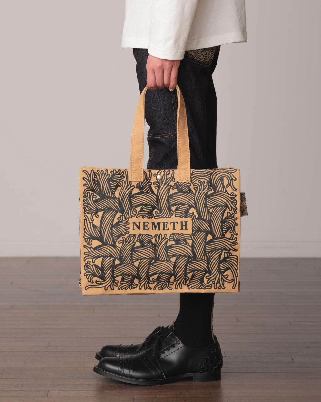 Logo Bag Long Strap- Cotton100% Canvas- Black Logo Print- Beige