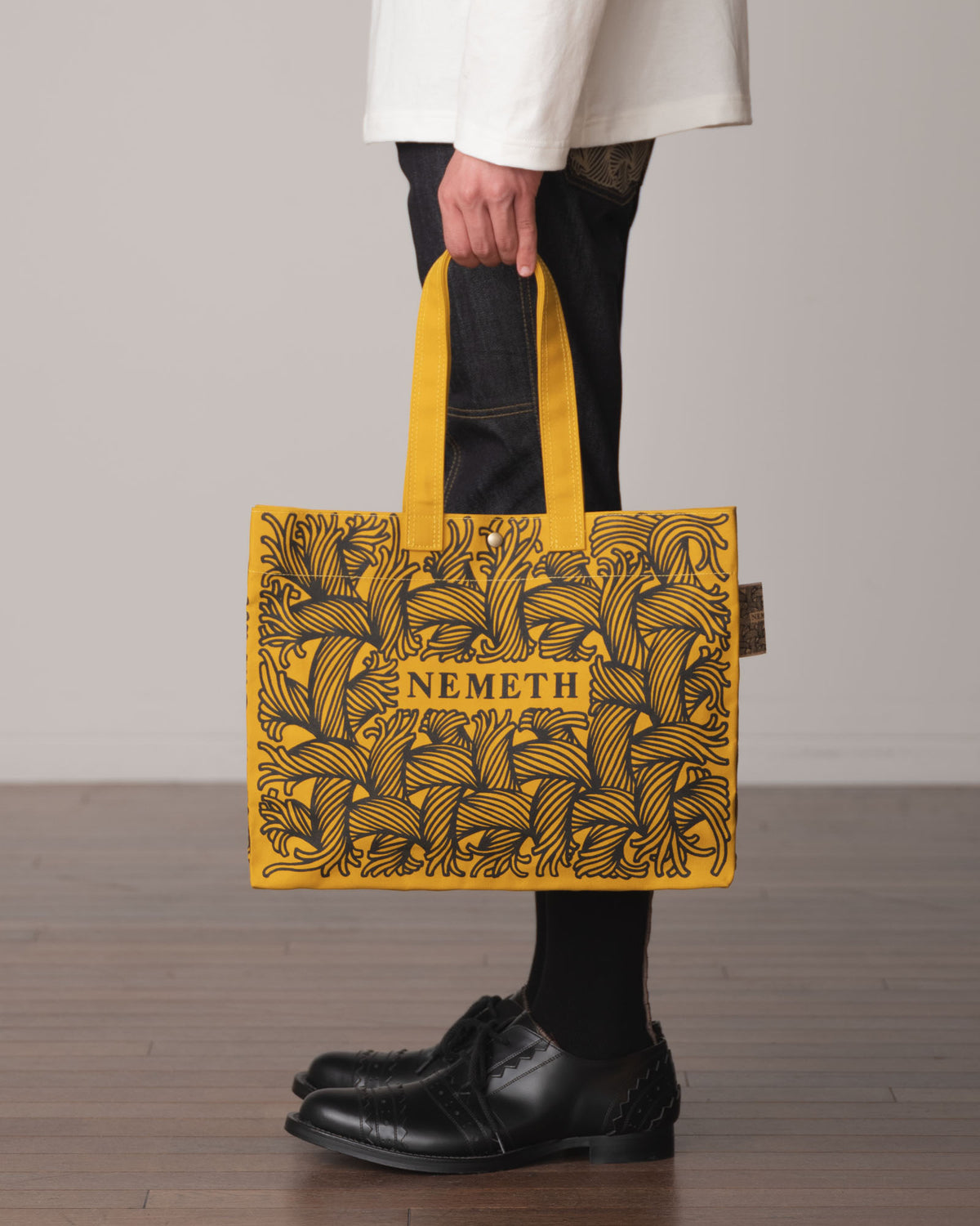 Logo Bag Long Strap- Cotton100% Canvas- Black Logo Print- Yellow