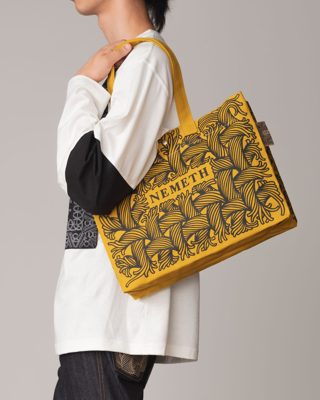 Logo Bag Long Strap- Cotton100% Canvas- Black Logo Print- Yellow