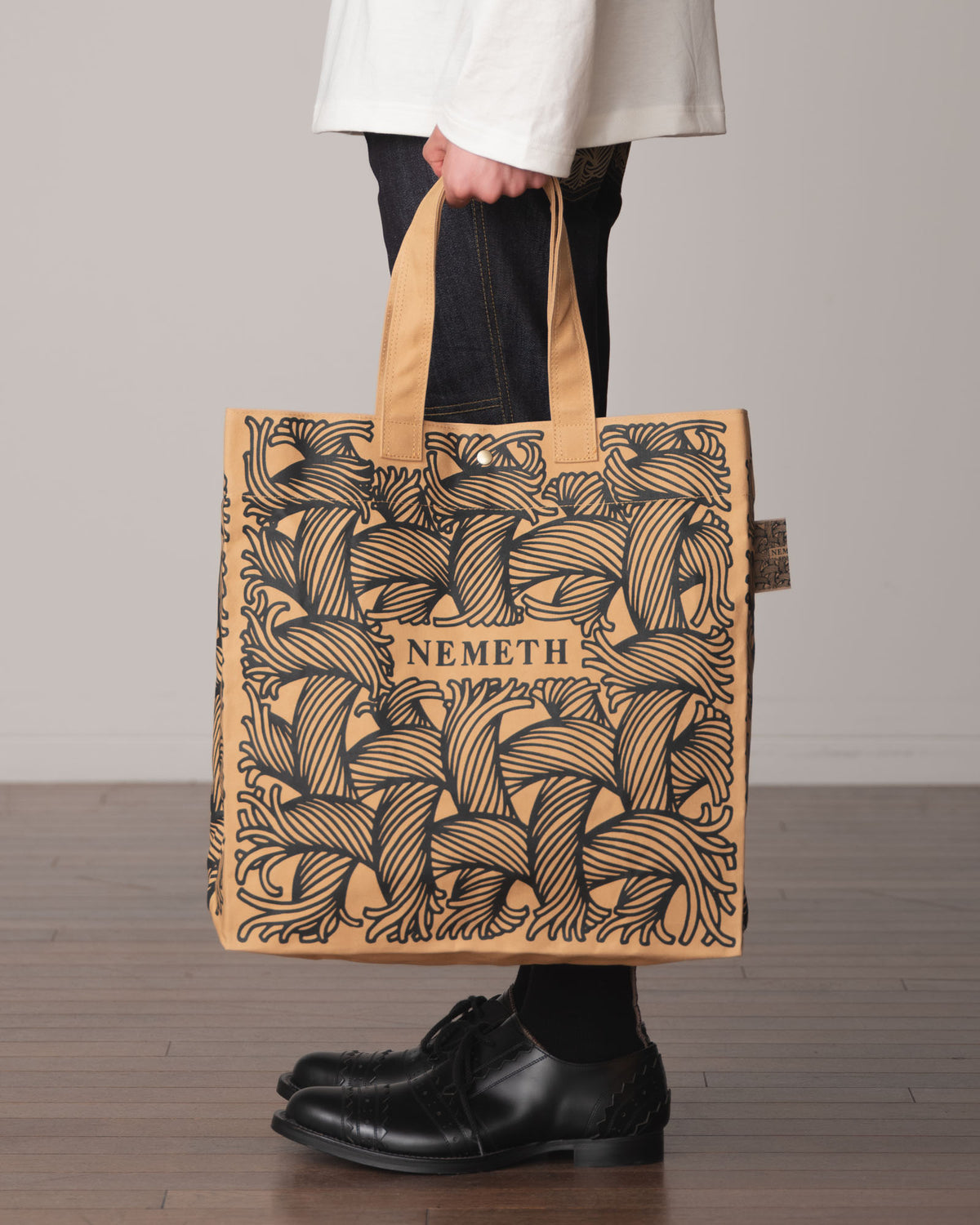 Logo Bag Long Strap- Cotton100% Canvas- Black Logo Print- Beige
