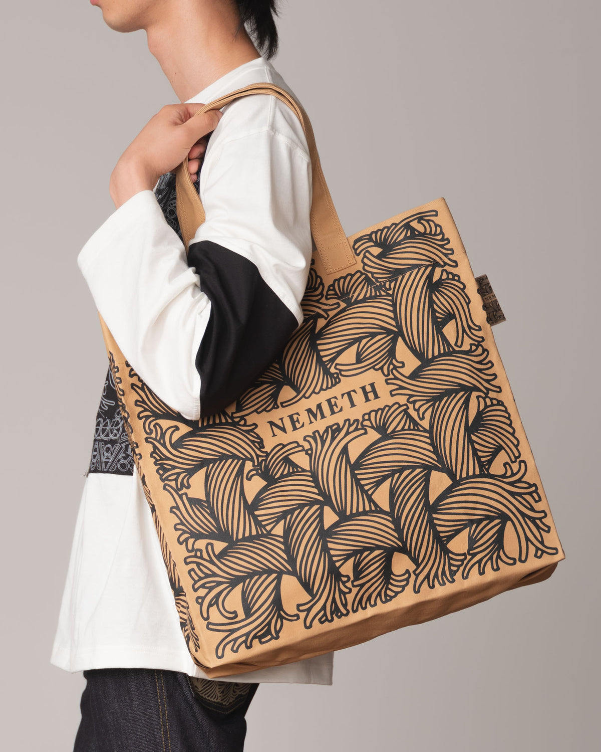 Logo Bag Long Strap- Cotton100% Canvas- Black Logo Print- Beige