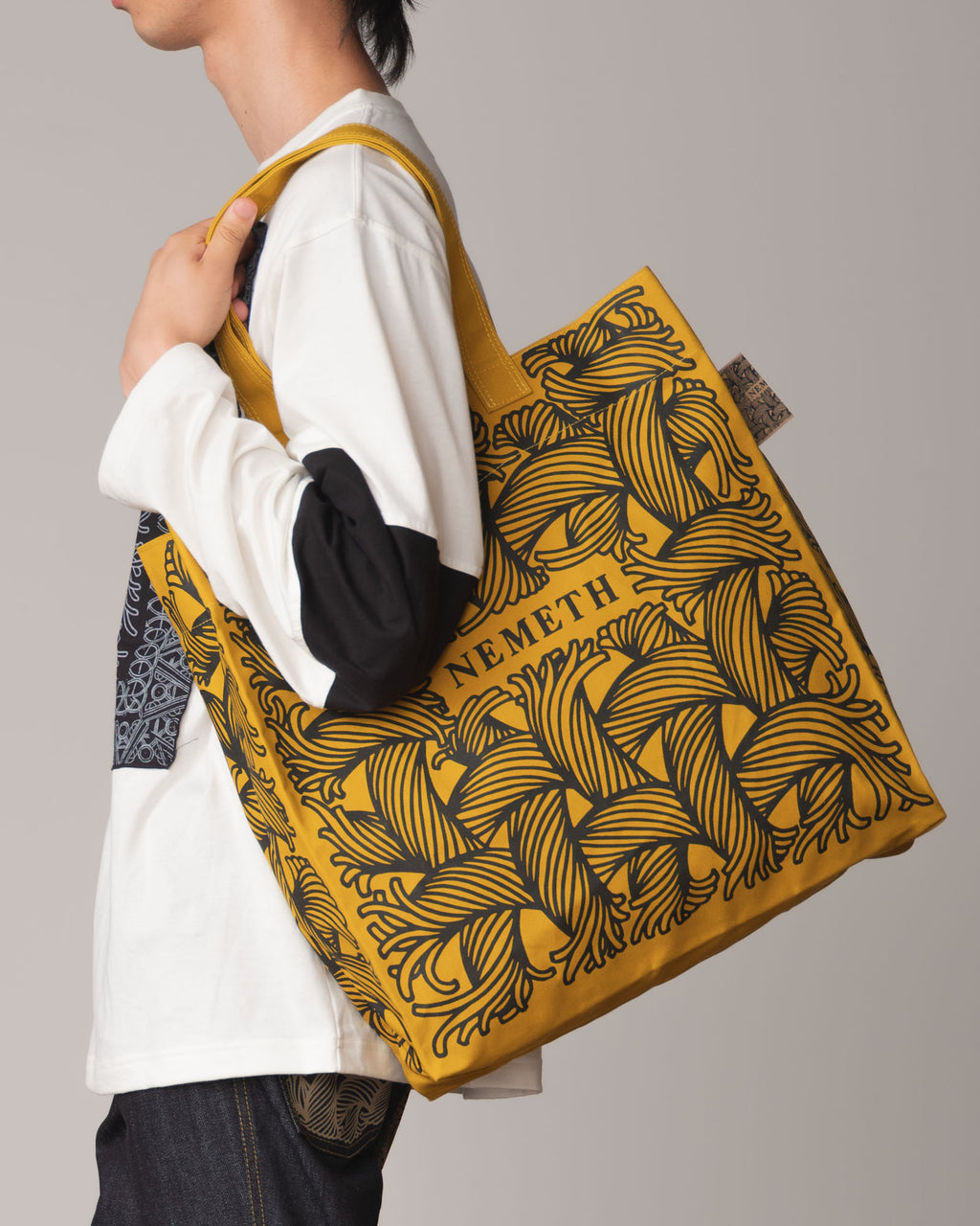 Logo Bag Long Strap- Cotton100% Canvas- Black Logo Print- Yellow