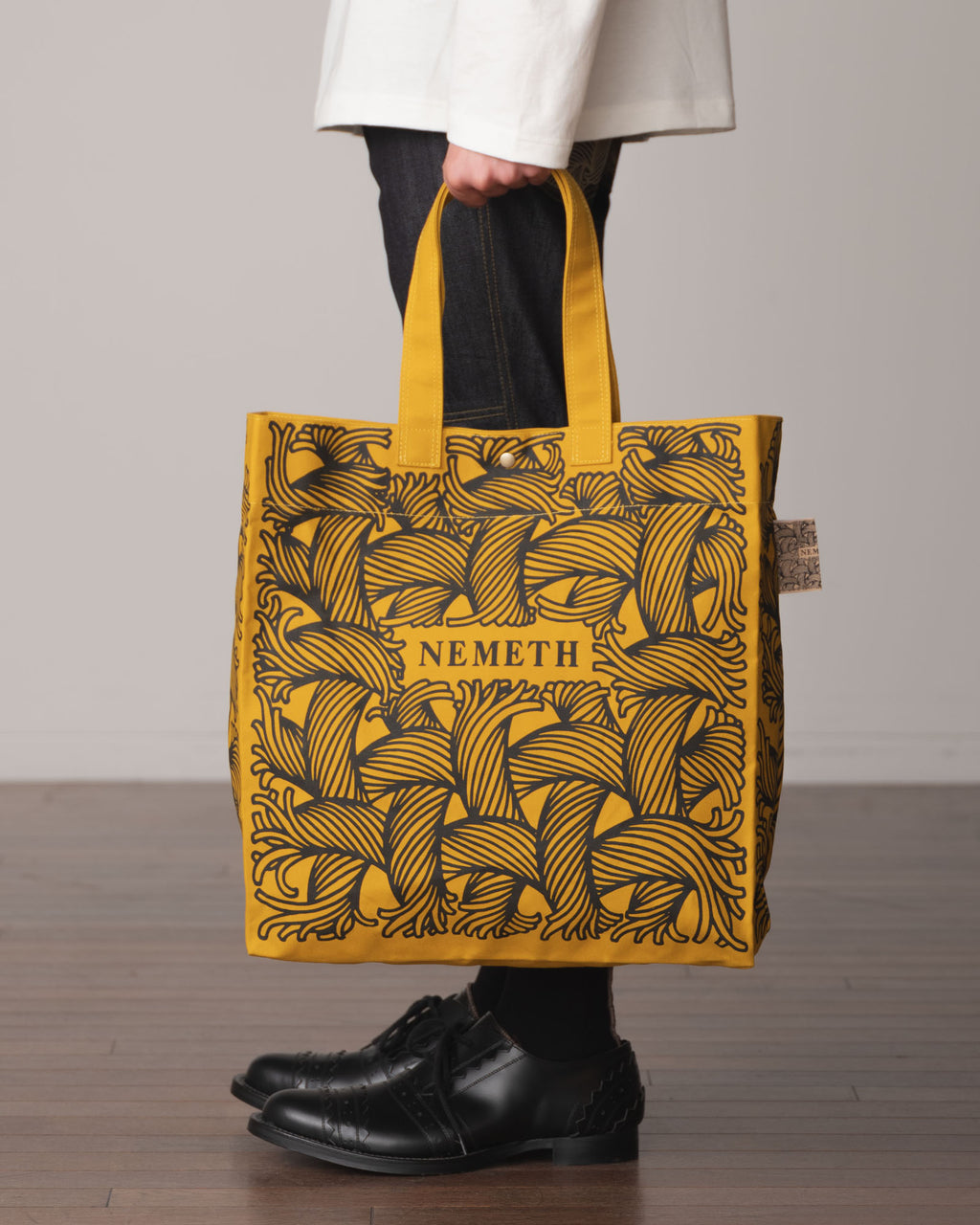Logo Bag Long Strap- Cotton100% Canvas- Black Logo Print- Yellow