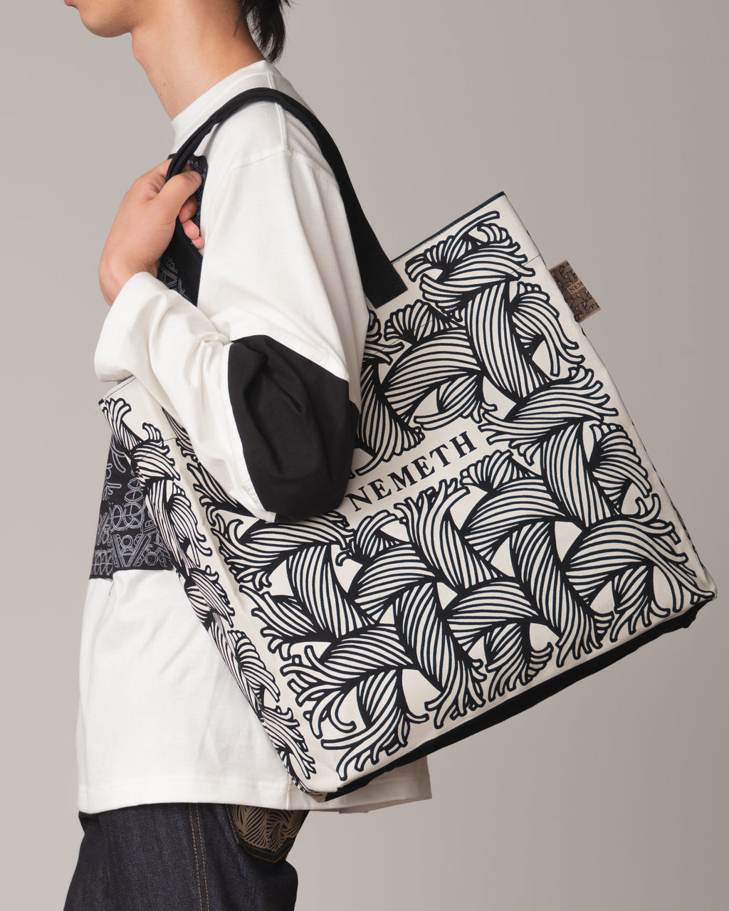 Logo Bag Long Strap- Cotton100% Canvas- Ivory Negative Logo Print- Black