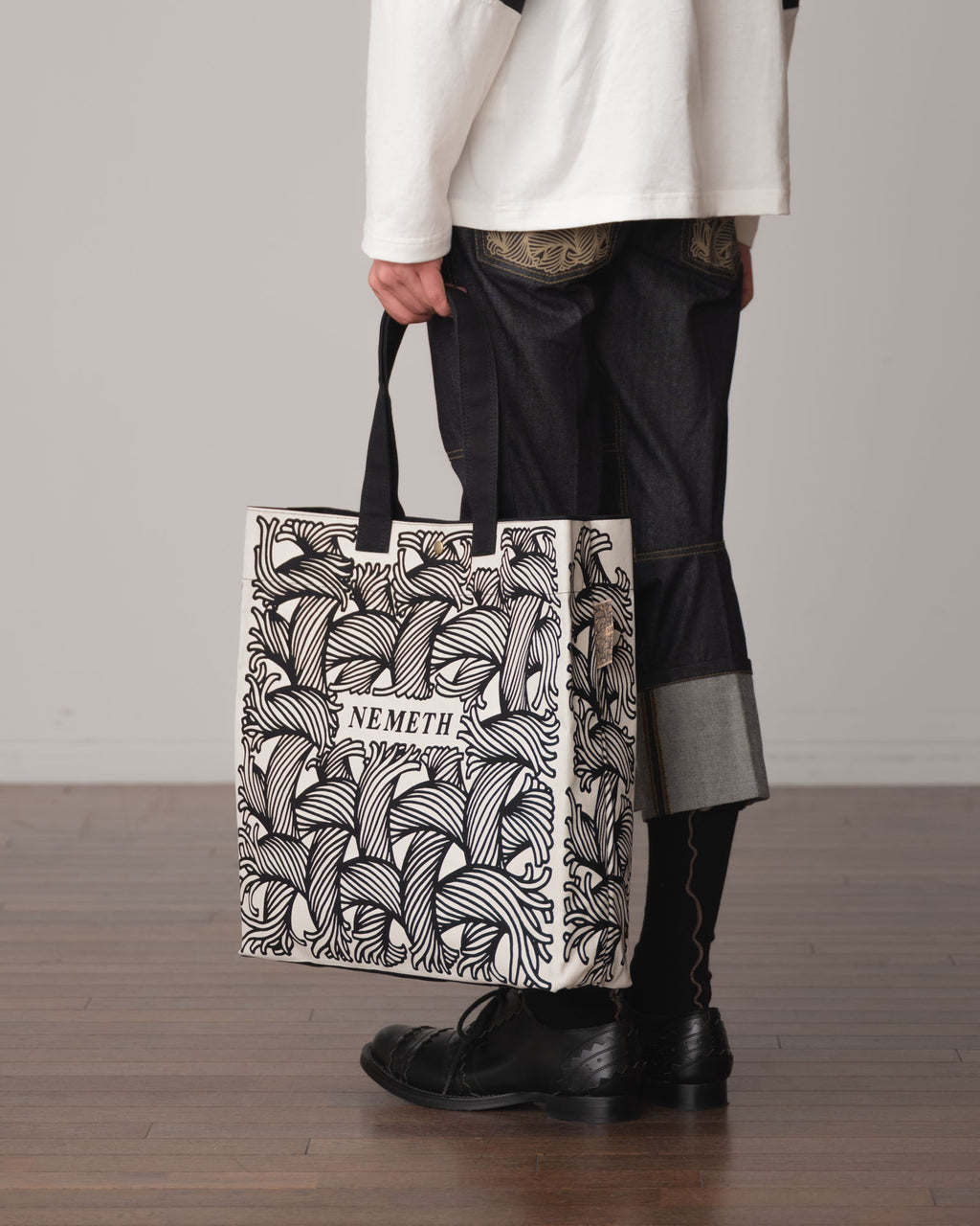 Logo Bag Long Strap- Cotton100% Canvas- Ivory Negative Logo Print- Black