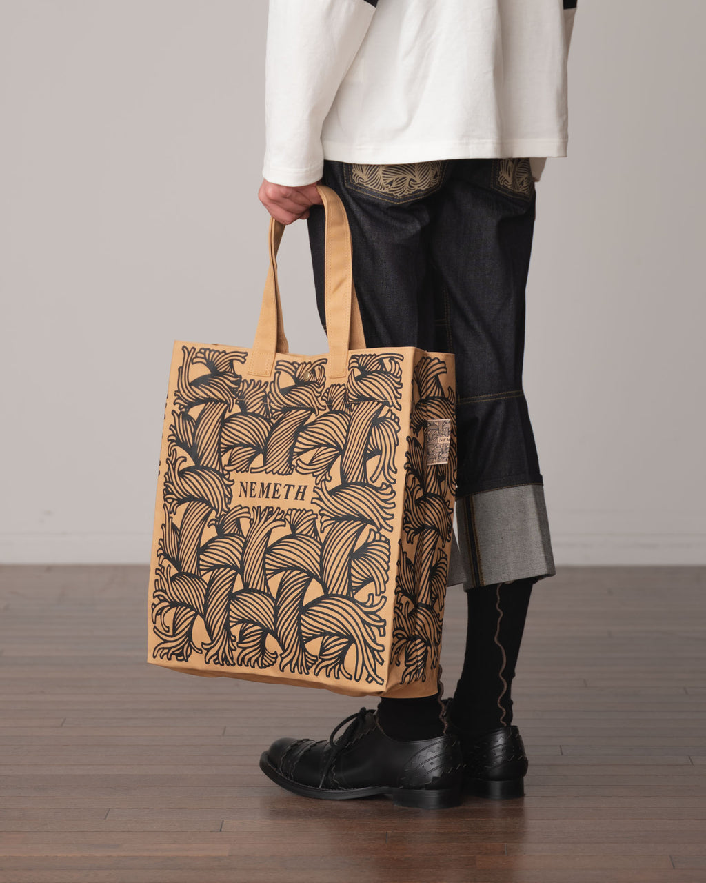 Logo Bag Long Strap- Cotton100% Canvas- Black Logo Print- Beige