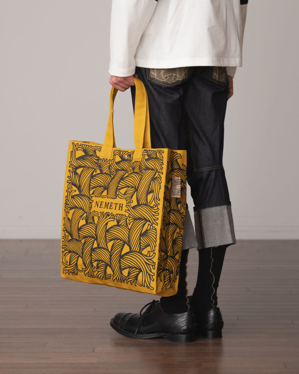 Logo Bag Long Strap- Cotton100% Canvas- Black Logo Print- Yellow
