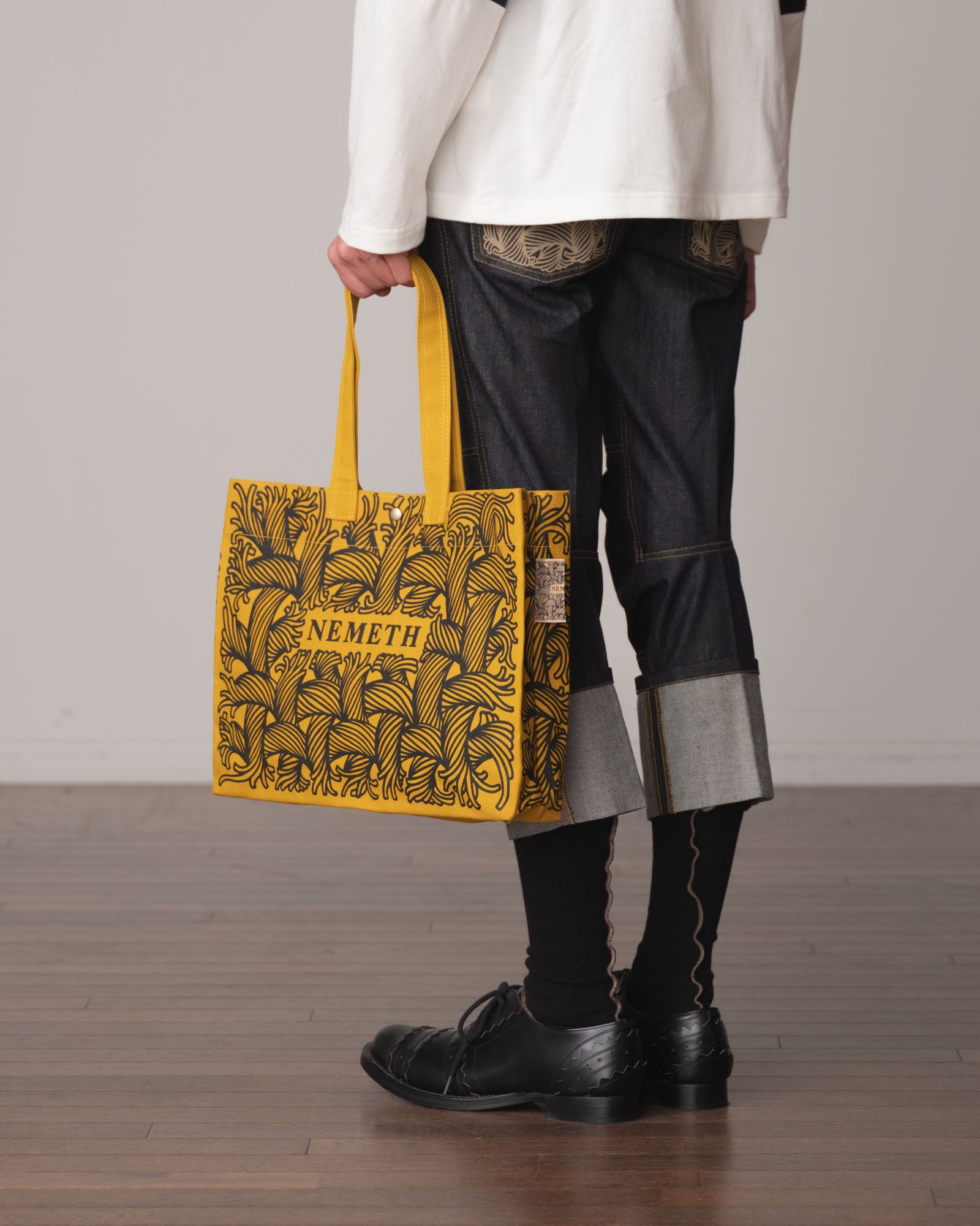 Logo Bag Long Strap- Cotton100% Canvas- Black Logo Print- Yellow