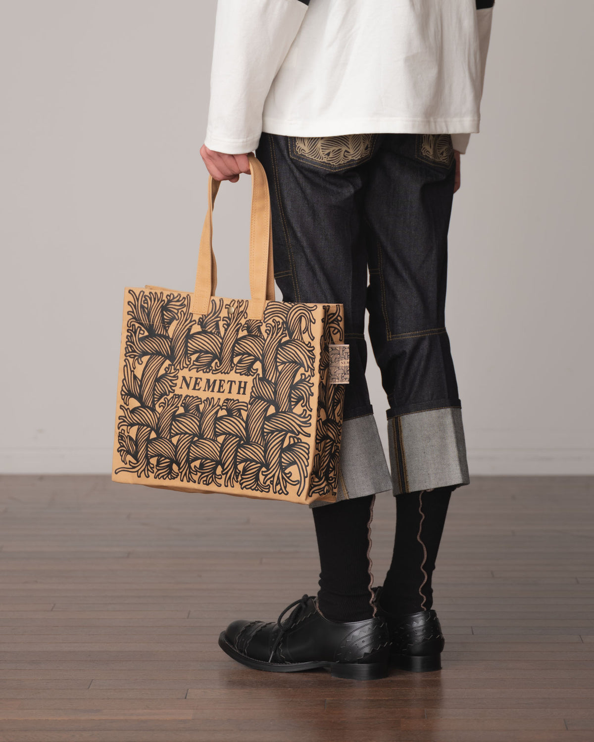Logo Bag Long Strap- Cotton100% Canvas- Black Logo Print- Beige