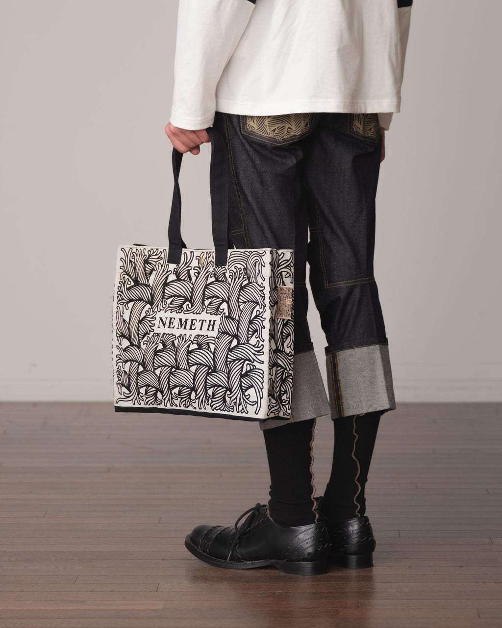 Logo Bag Long Strap- Cotton100% Canvas- Ivory Negative Logo Print- Black