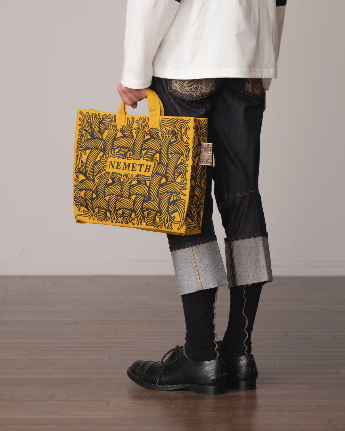 Logo Bag- Cotton100% Canvas- Black Logo Print- Yellow