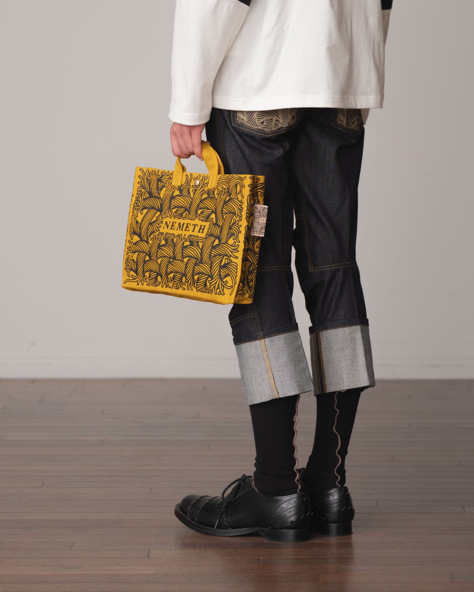Logo Bag- Cotton100% Canvas- Black Logo Print- Yellow