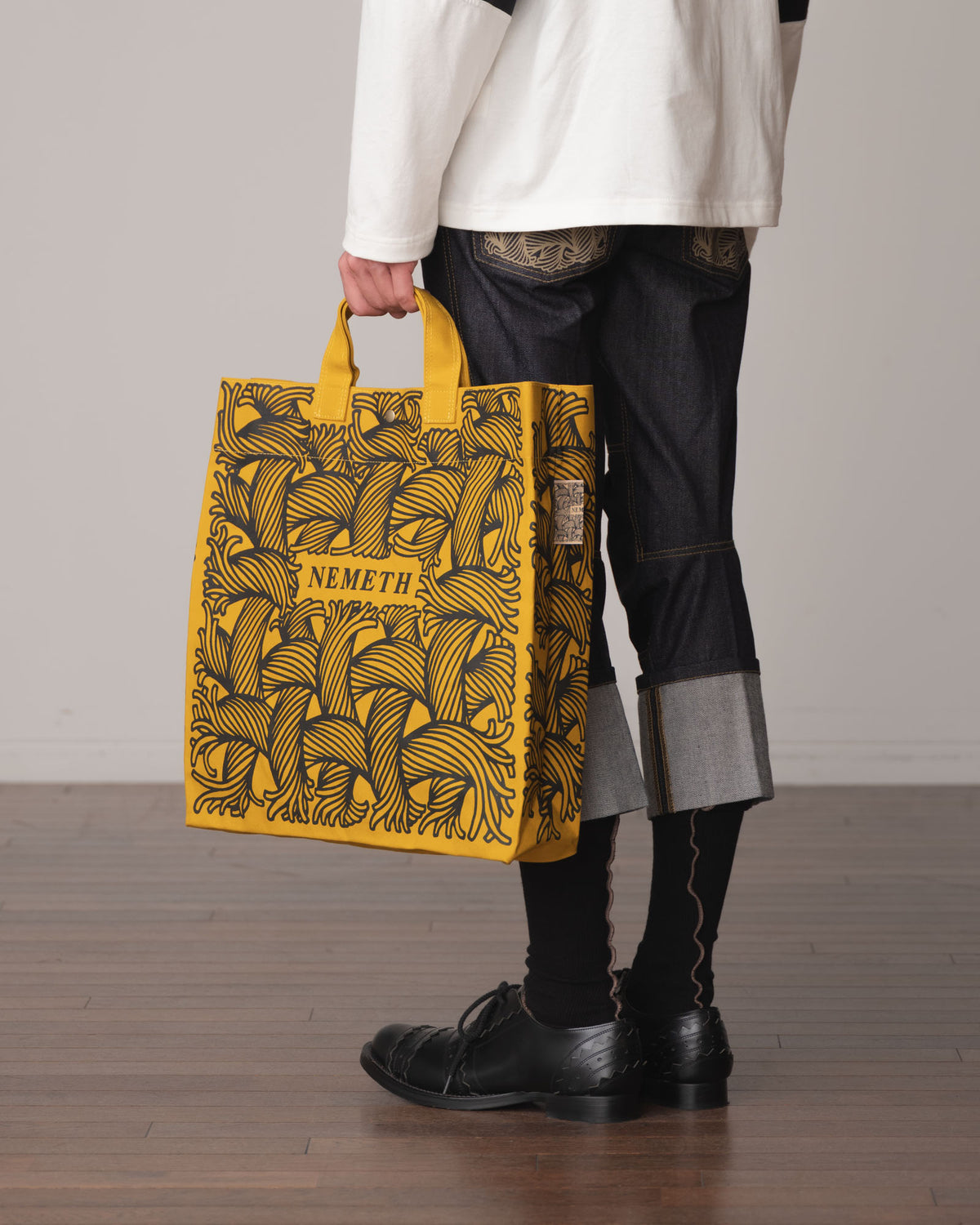 Logo Bag- Cotton100% Canvas- Black Logo Print- Yellow